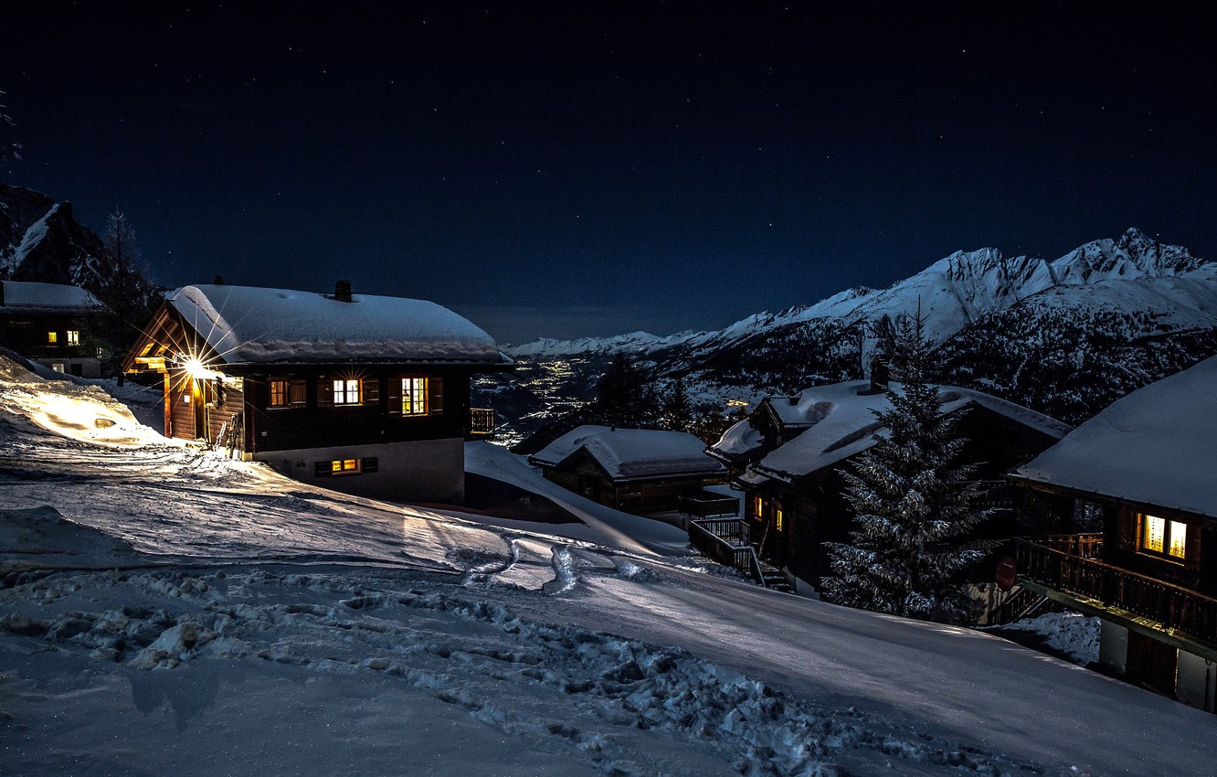 Wallpaper winter, snow, landscape, mountains, night, nature, village, home, Switzerland, valley, lighting, Rosswald image for desktop, section пейзажи