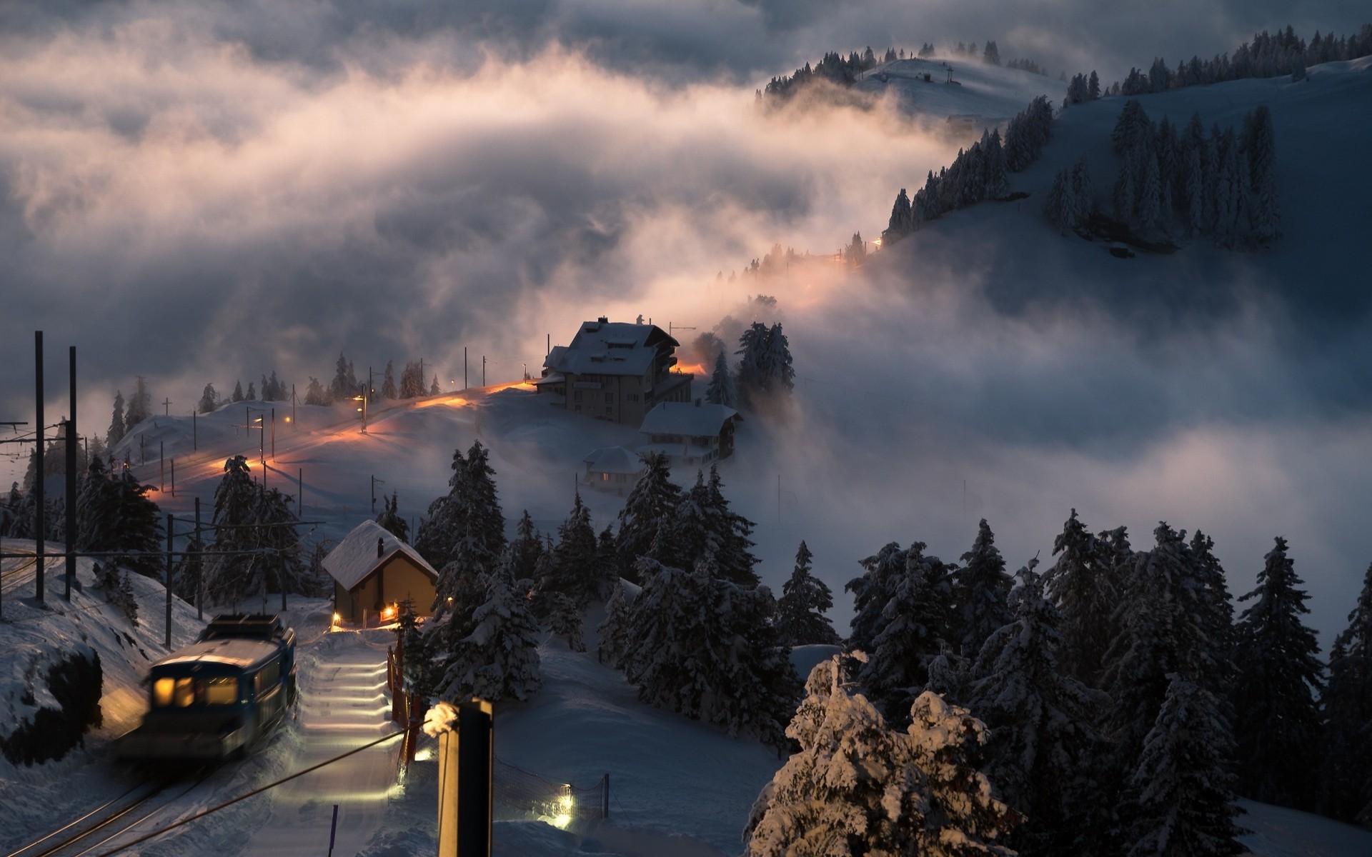 landscape, Nature, Switzerland, Sunset, Snow, Village, Train, Mist, Trees, Winter, Lights, Hill Wallpaper HD / Desktop and Mobile Background