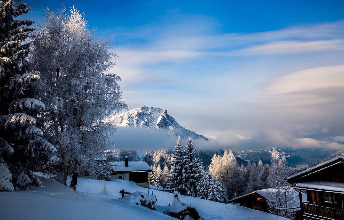 Wallpaper winter, clouds, snow, trees, landscape, mountains, nature, village, home, Switzerland, valley, Rosswald image for desktop, section пейзажи