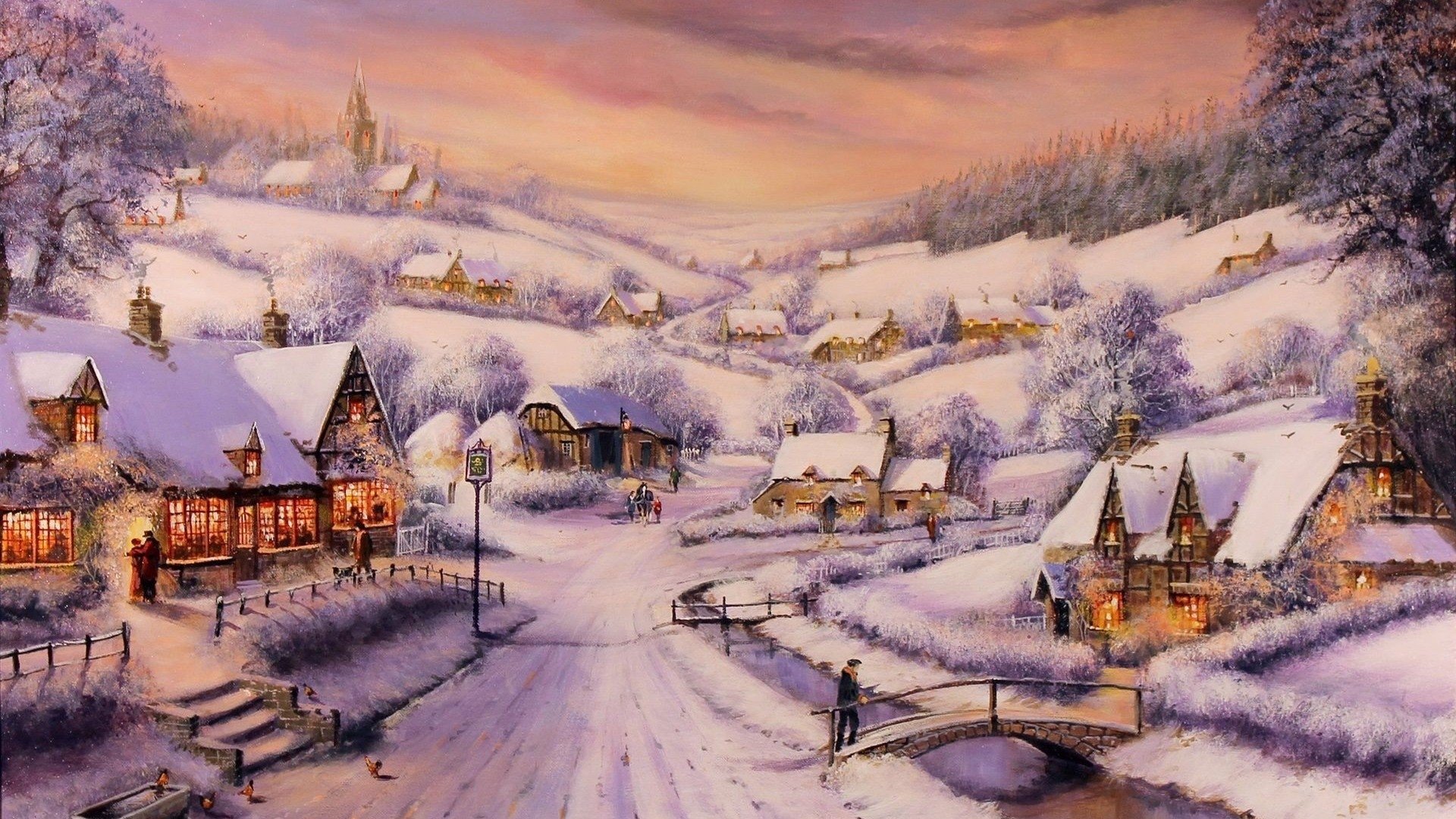 Snow Village Painting Artistic Winter