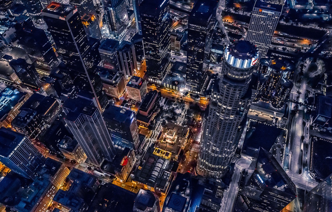 Wallpaper City, Cool, Urban, Night, Los Angeles, California, Downtown, Helicopter, Buildings, Cityscape, Achitecture image for desktop, section город