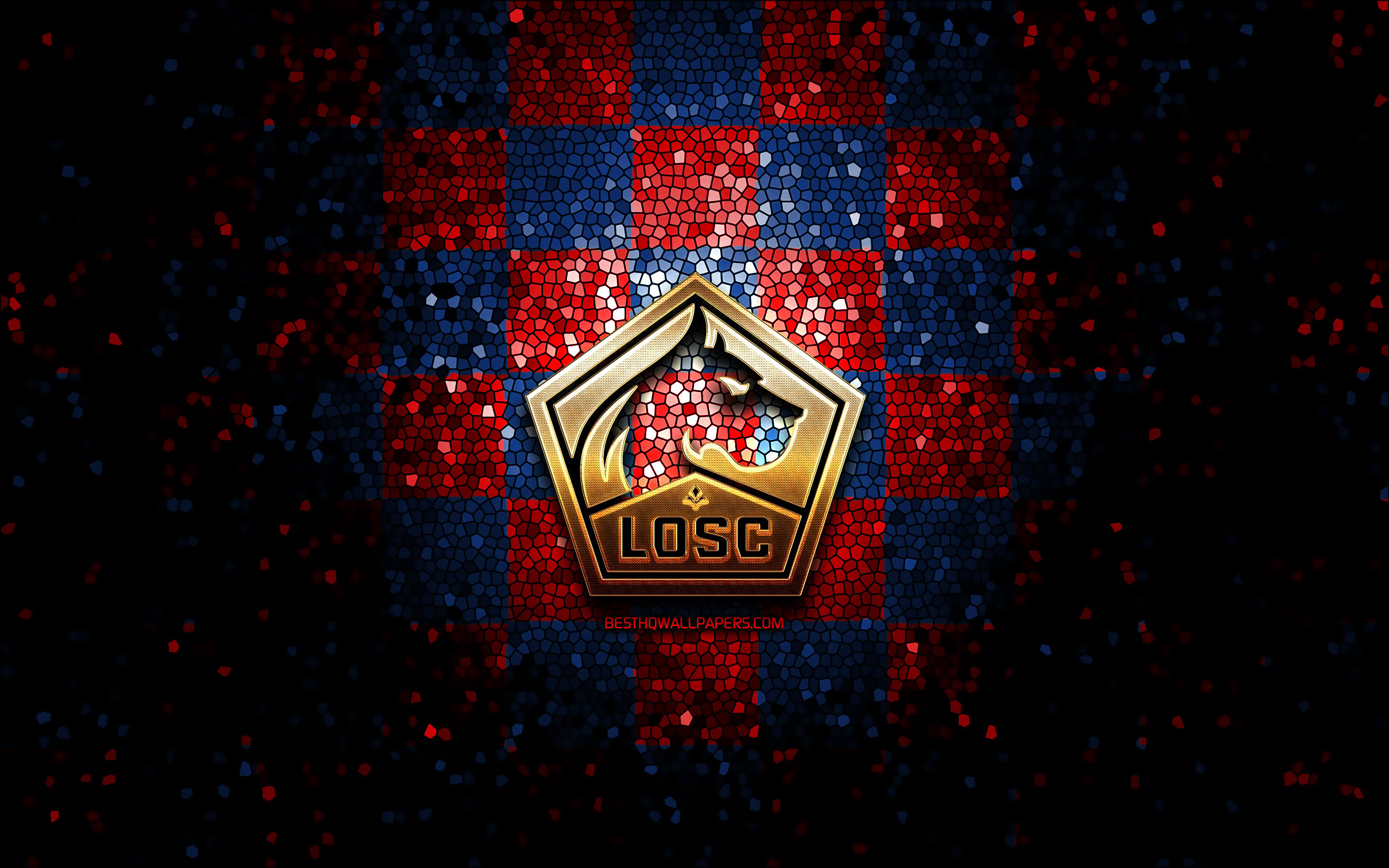 Download wallpaper Lille FC, glitter logo, Ligue red blue checkered background, soccer, LOSC Lille, french football club, LOSC Lille logo, mosaic art, football, France for desktop with resolution 2880x1800. High Quality