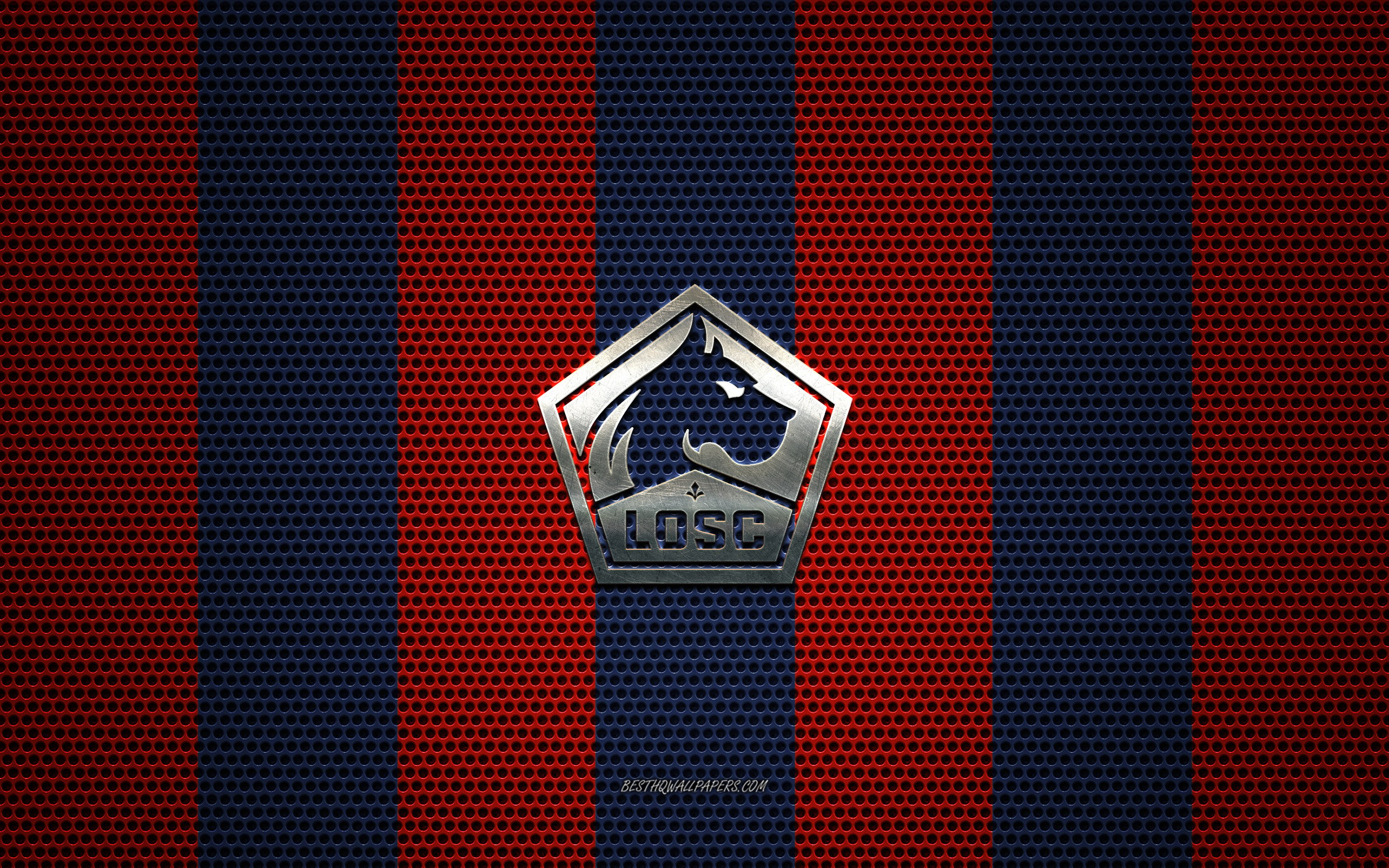 Download Wallpaper LOSC Lille Logo, French Football Club, Metal Emblem, Red Blue White Metal Mesh Background, LOSC Lille, Ligue Lille, France, Football For Desktop With Resolution 2880x1800. High Quality HD Picture Wallpaper