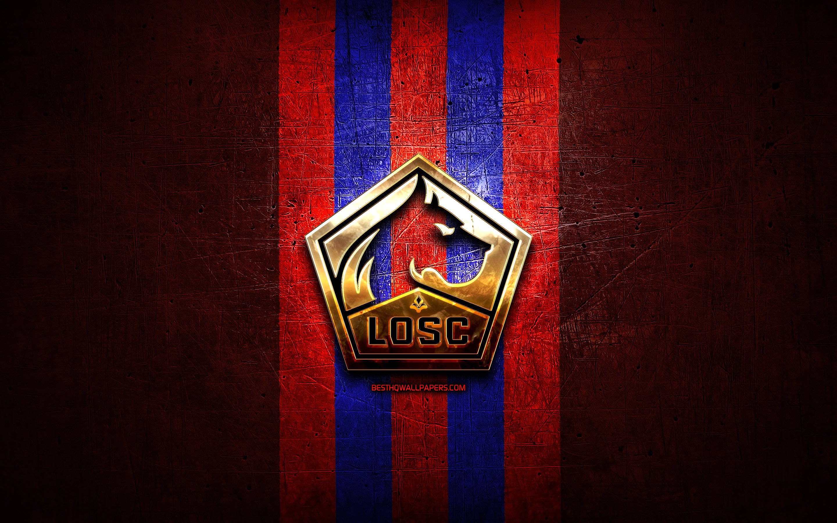 Download wallpaper LOSC Lille, golden logo, Ligue red metal background, football, french football club, LOSC Lille logo, soccer, France for desktop with resolution 2880x1800. High Quality HD picture wallpaper