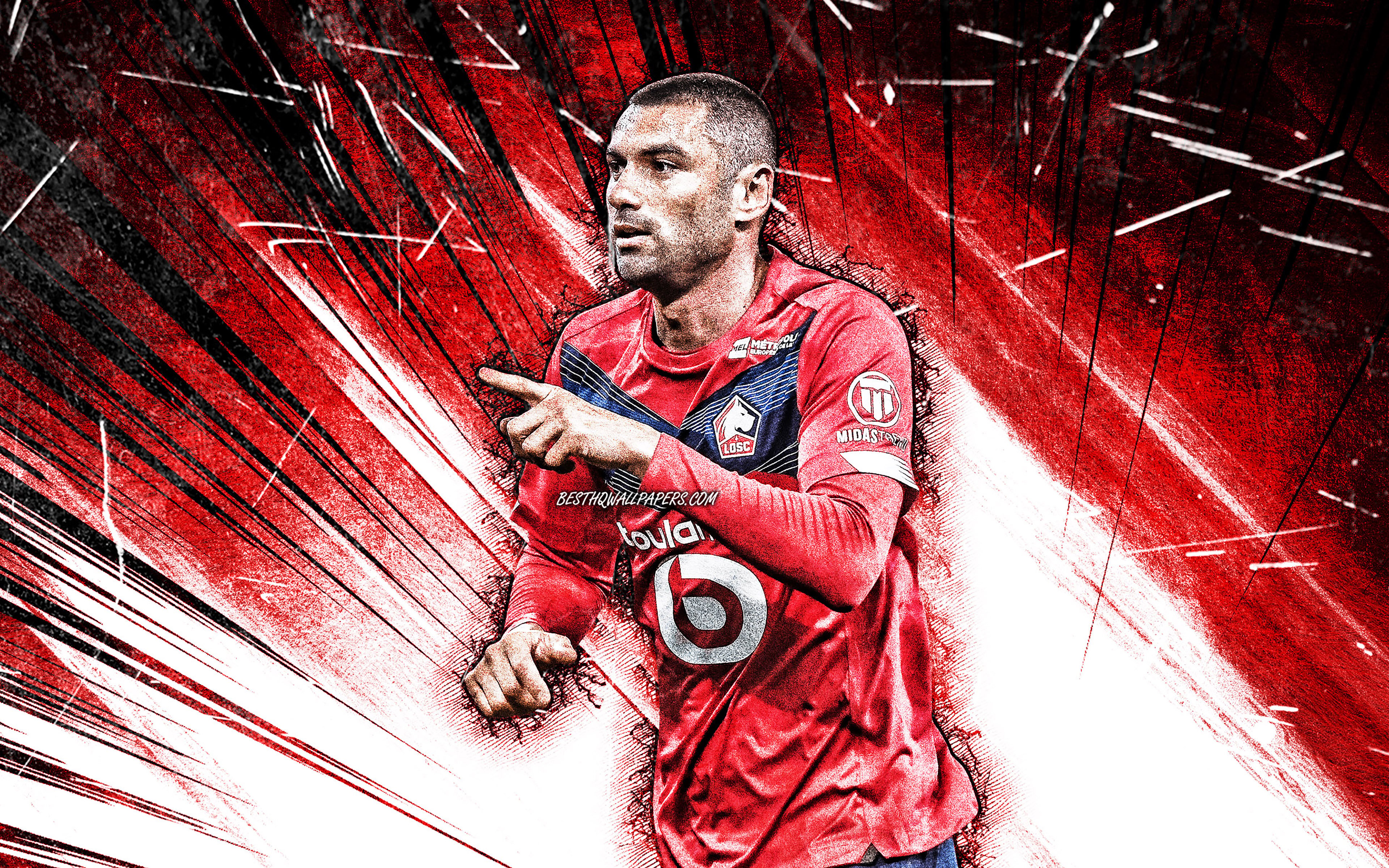 Download wallpaper 4k, Burak Yilmaz, grunge art, turkish footballers, Lille FC, Ligue soccer, red abstract rays, LOSC Lille, Burak Yilmaz 4K, Burak Yilmaz Lille for desktop with resolution 3840x2400. High Quality