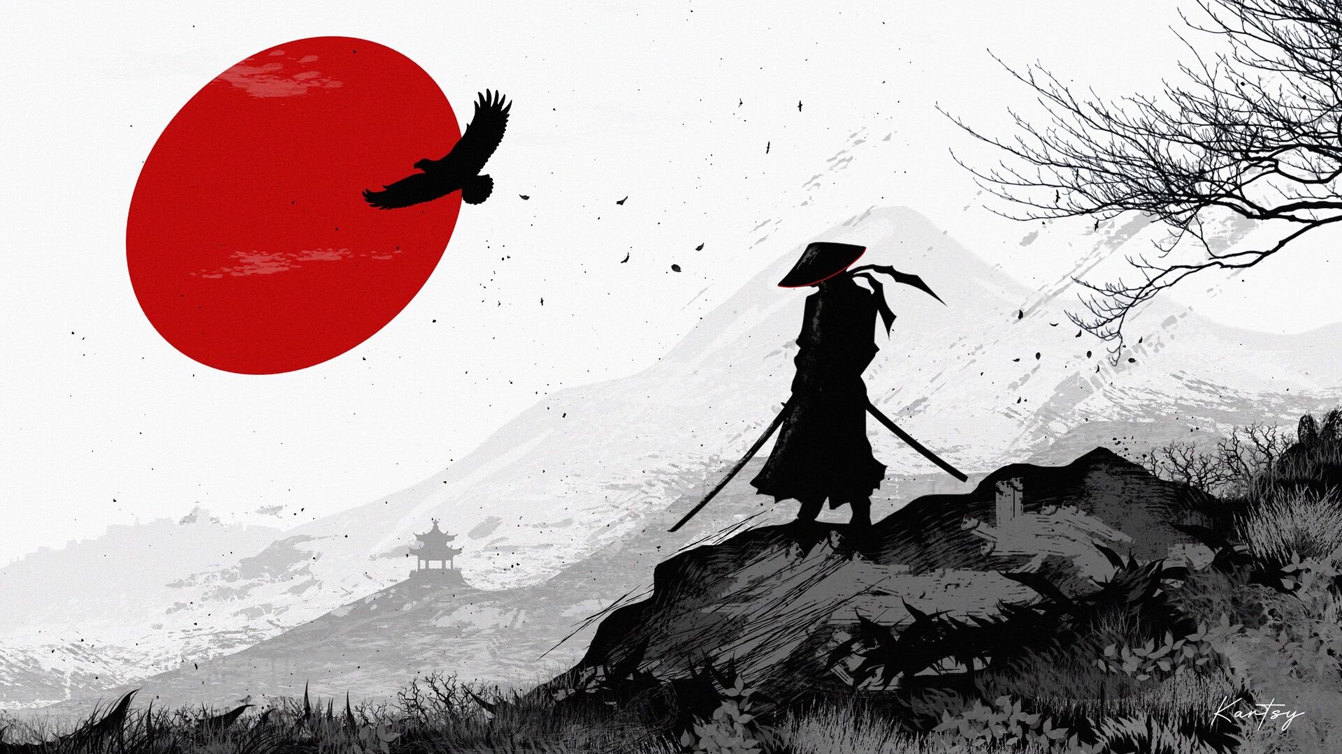 Download wallpaper 1920x1080 samurai, warrior, silhouette, art, black and white full hd, hdtv, fhd, 1080p HD background
