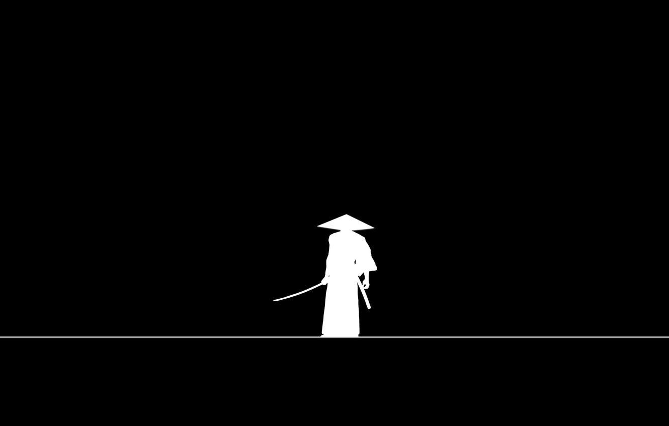 Wallpaper sword, minimalism, weapon, hat, line, katana, man, black background, Samurai, warrior, silhouette, kimono, simple background image for desktop, section минимализм