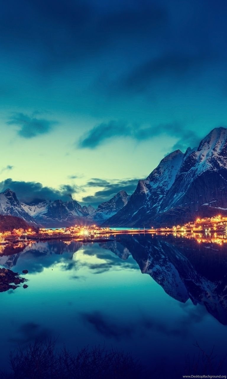 City At Night, Light, Mountains, Lake Beautiful Views Wallpaper. Desktop Background