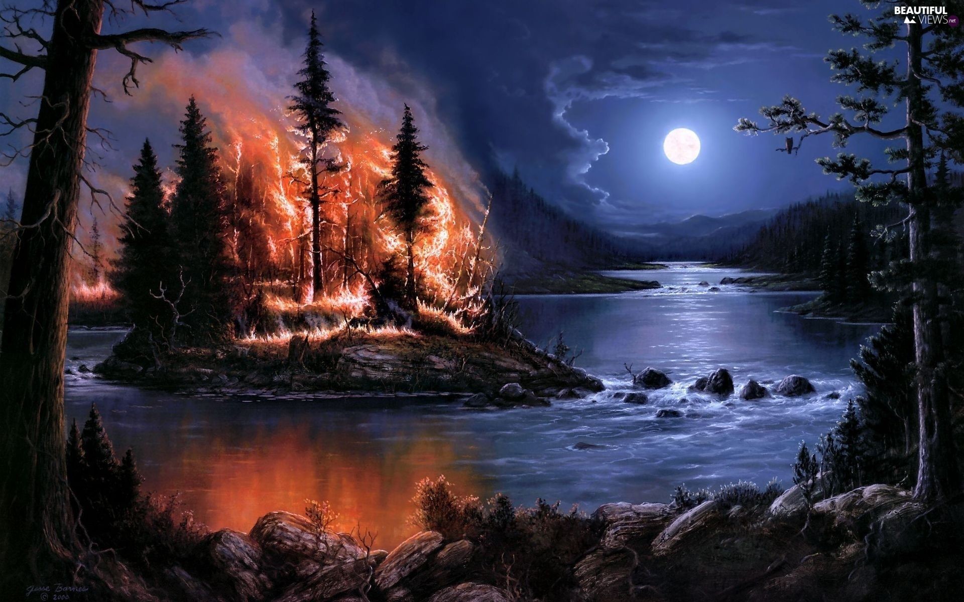 1920x Big Fire, River, Night, Moon, Forest Wallpaper Beautiful View