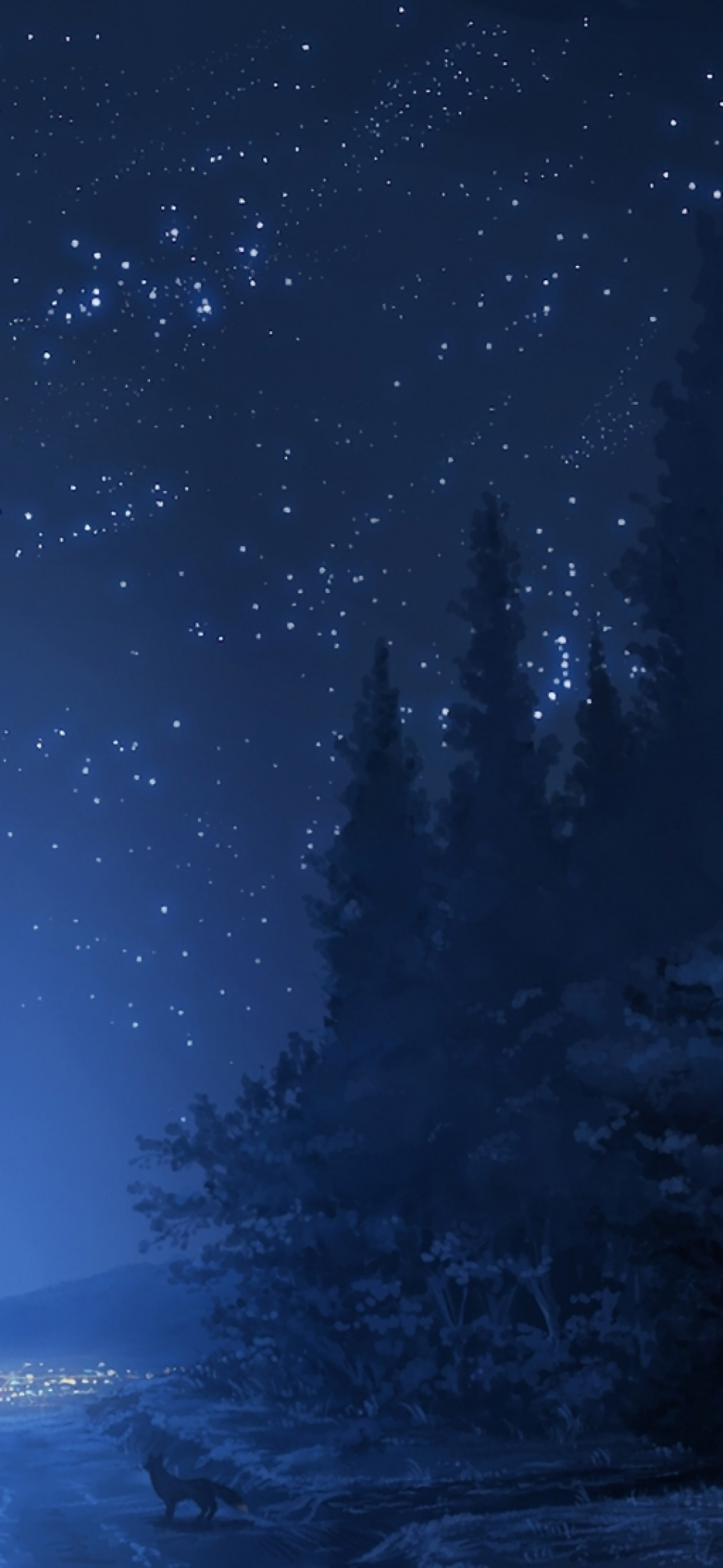 Download 1080x2340 Anime Landscape, Forest, Night, Stars, Wolf Wallpaper for Xiaomi Mi 10 & Mi 9 & Mi Mix 3 & Black Shark 2, Huawei P30 Pro, Vivo V15 Pro, OnePlus 6T, Huawei Y9 2019