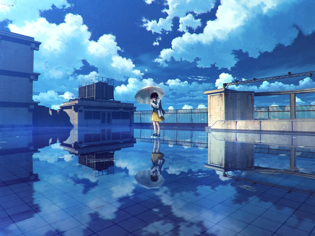 Water, reflections, anime girl, clouds, original wallpaper, HD image, picture, background, 01bdd4