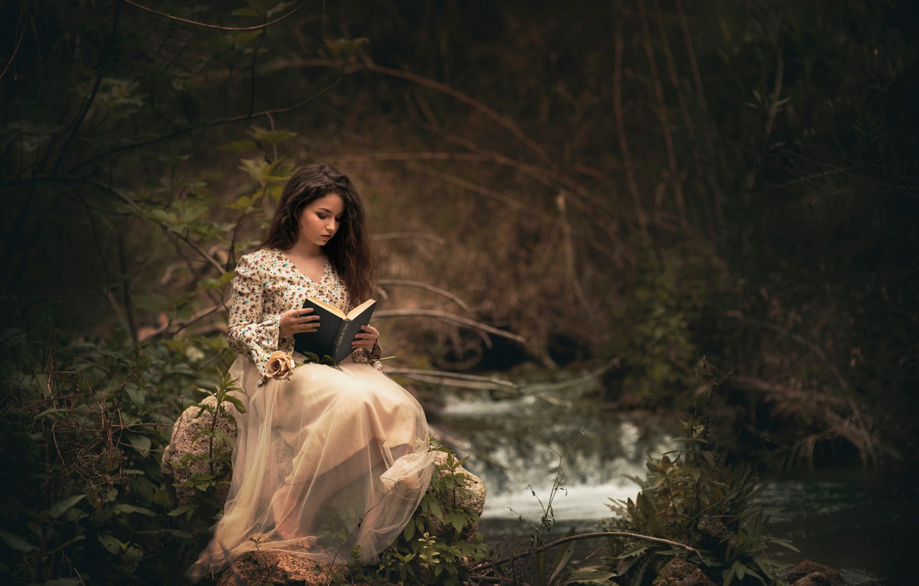 Wallpaper forest, girl, book, reading, Carmen Gabaldon image for desktop, section настроения