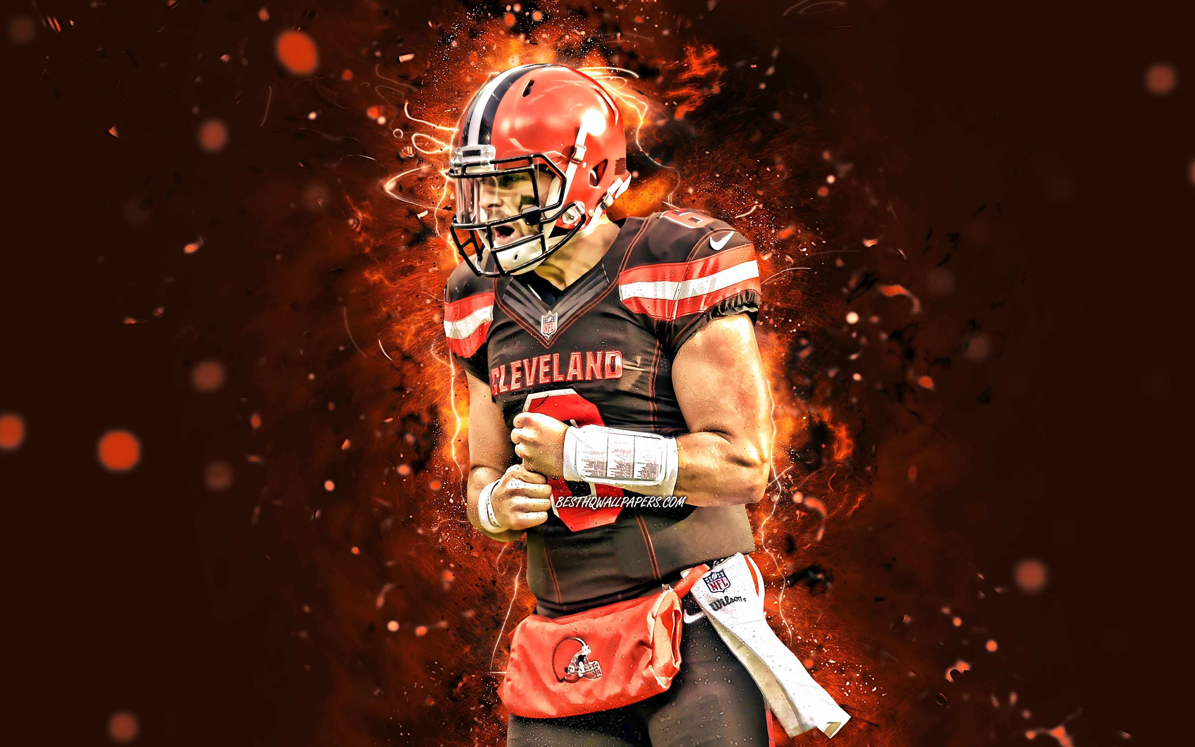 Download wallpaper Baker Mayfield, 4k, NFL, Cleveland Browns, american football, quarterback, Baker Reagan Mayfield, National Football League, Baker Mayfield 4K, neon lights, Baker Mayfield Cleveland Browns for desktop with resolution 3840x2400. High