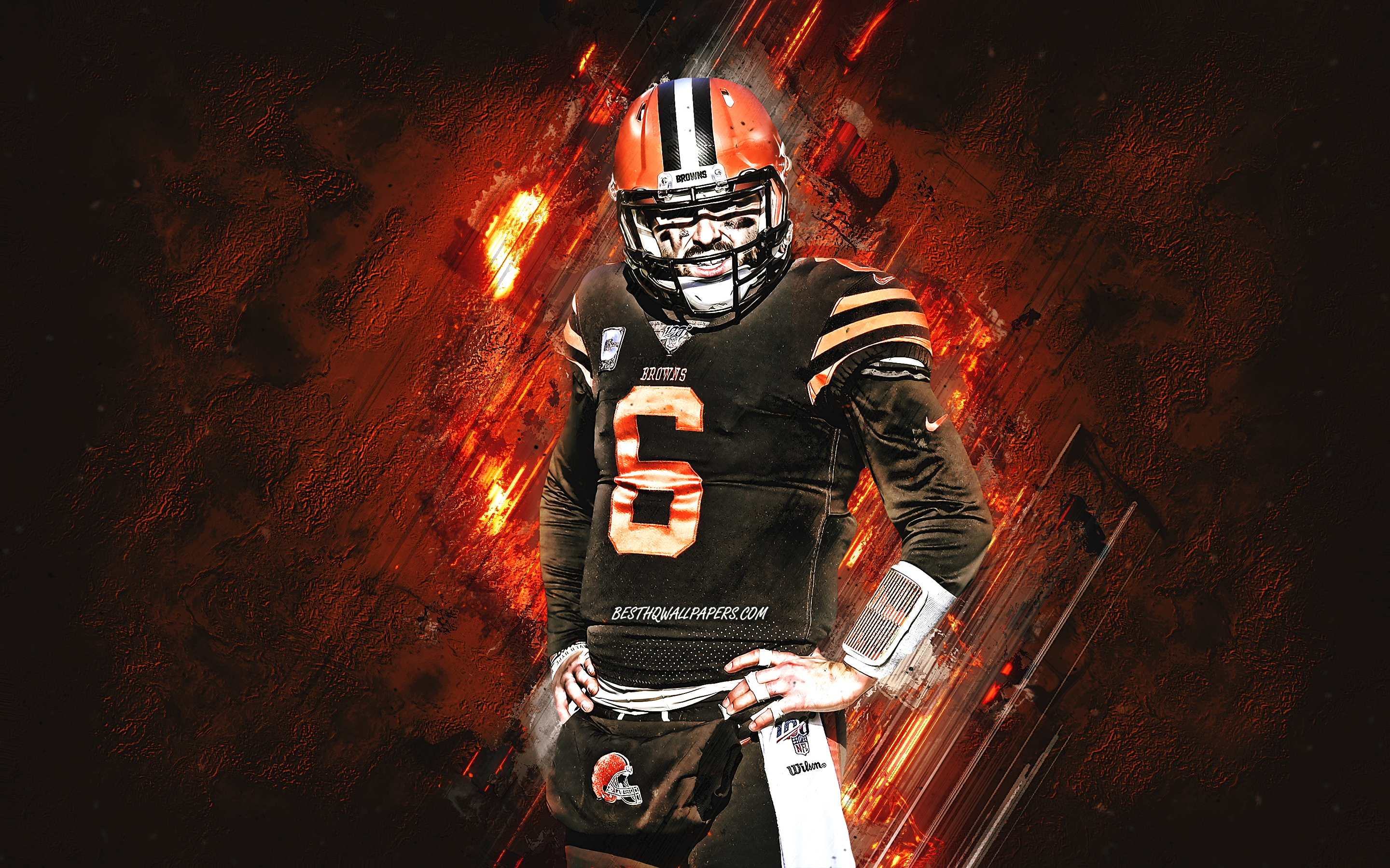 Download wallpaper Baker Mayfield, Cleveland Browns, NFL, american football, portrait, orange stone background, National Football League for desktop with resolution 2880x1800. High Quality HD picture wallpaper