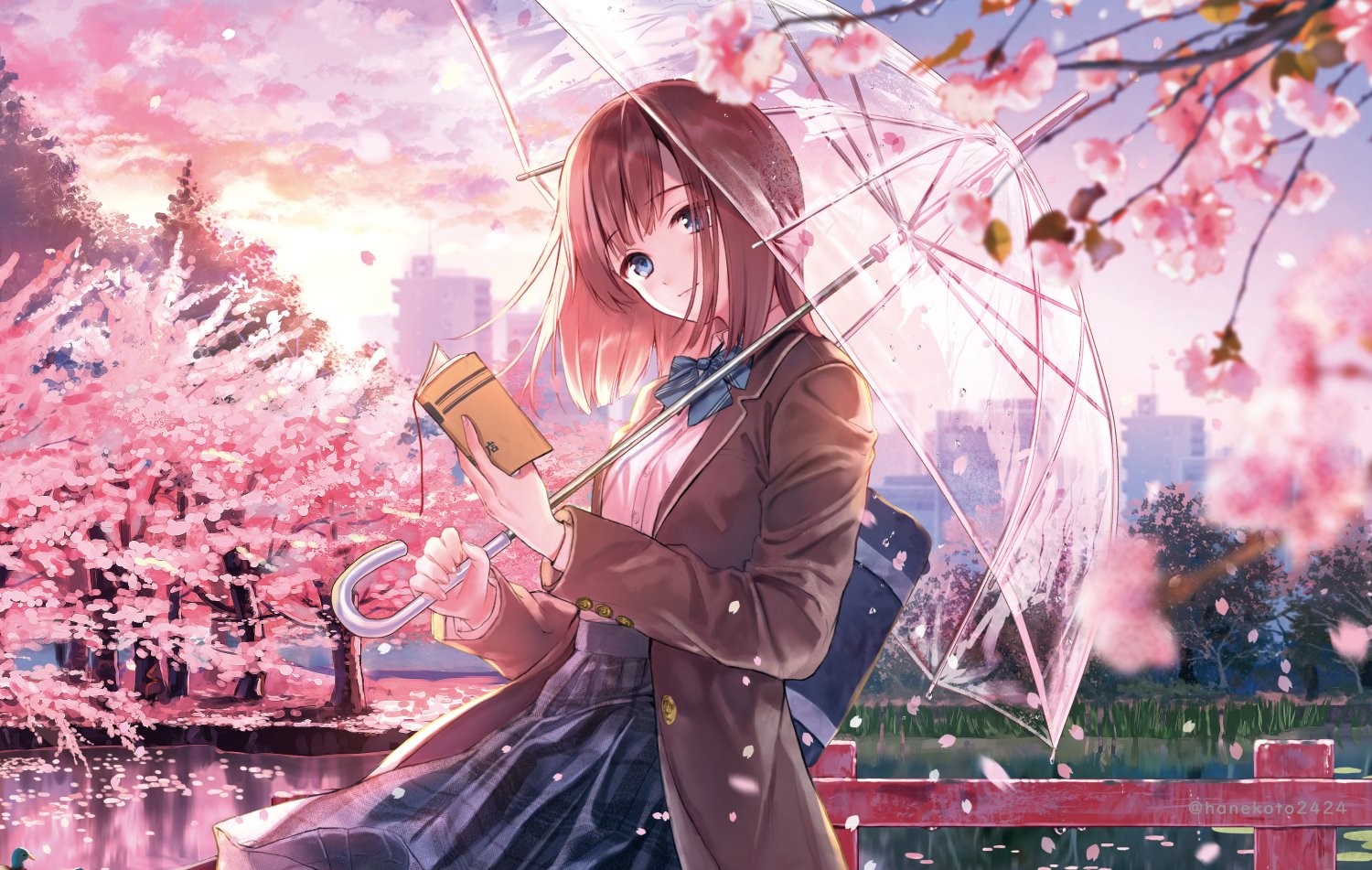 cherry blossom, anime girls, umbrella, anime HD Wallpaper