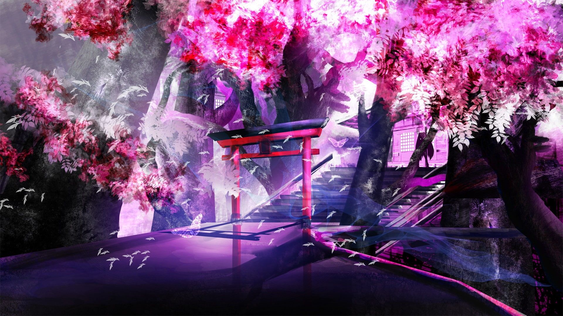 purple #anime cherry trees #shrine #landscape P #wallpaper #hdwallpaper #desktop. Anime scenery wallpaper, Anime scenery, Cool anime wallpaper