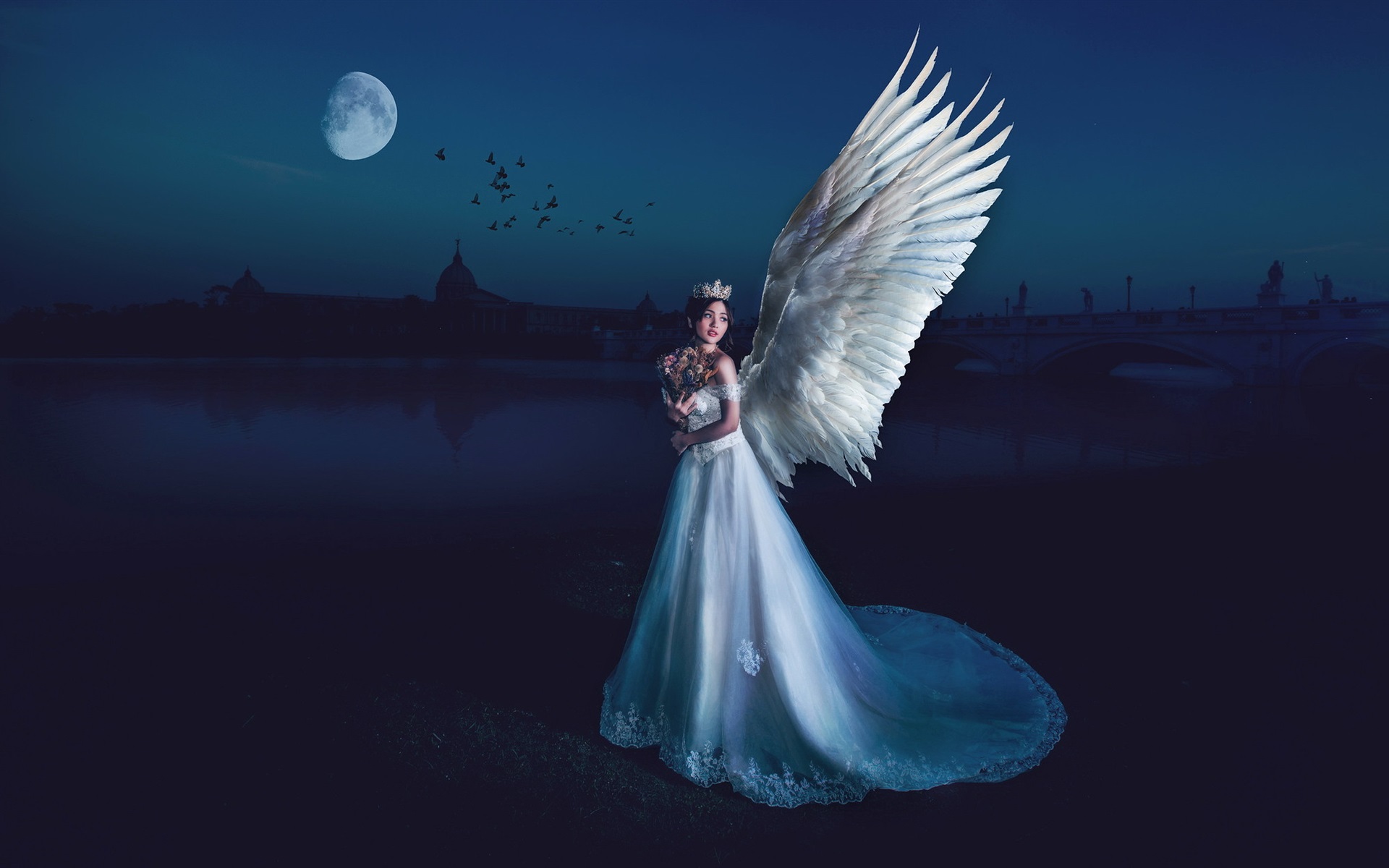 Wallpaper Beautiful angel girl, wings, night, moon 1920x1200 HD Picture, Image