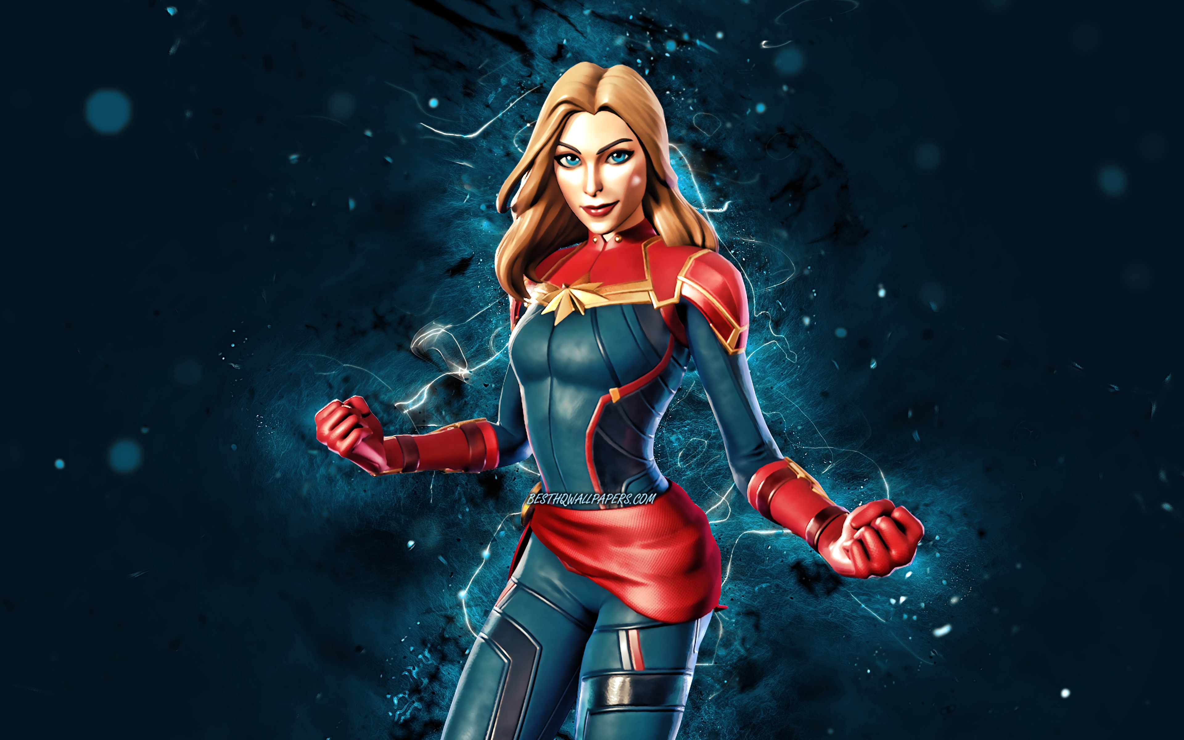 Download wallpaper Captain Marvel, 4k, blue neon lights, Fortnite Battle Royale, Fortnite characters, Captain Marvel Skin, Fortnite, Captain Marvel Fortnite for desktop with resolution 3840x2400. High Quality HD picture wallpaper
