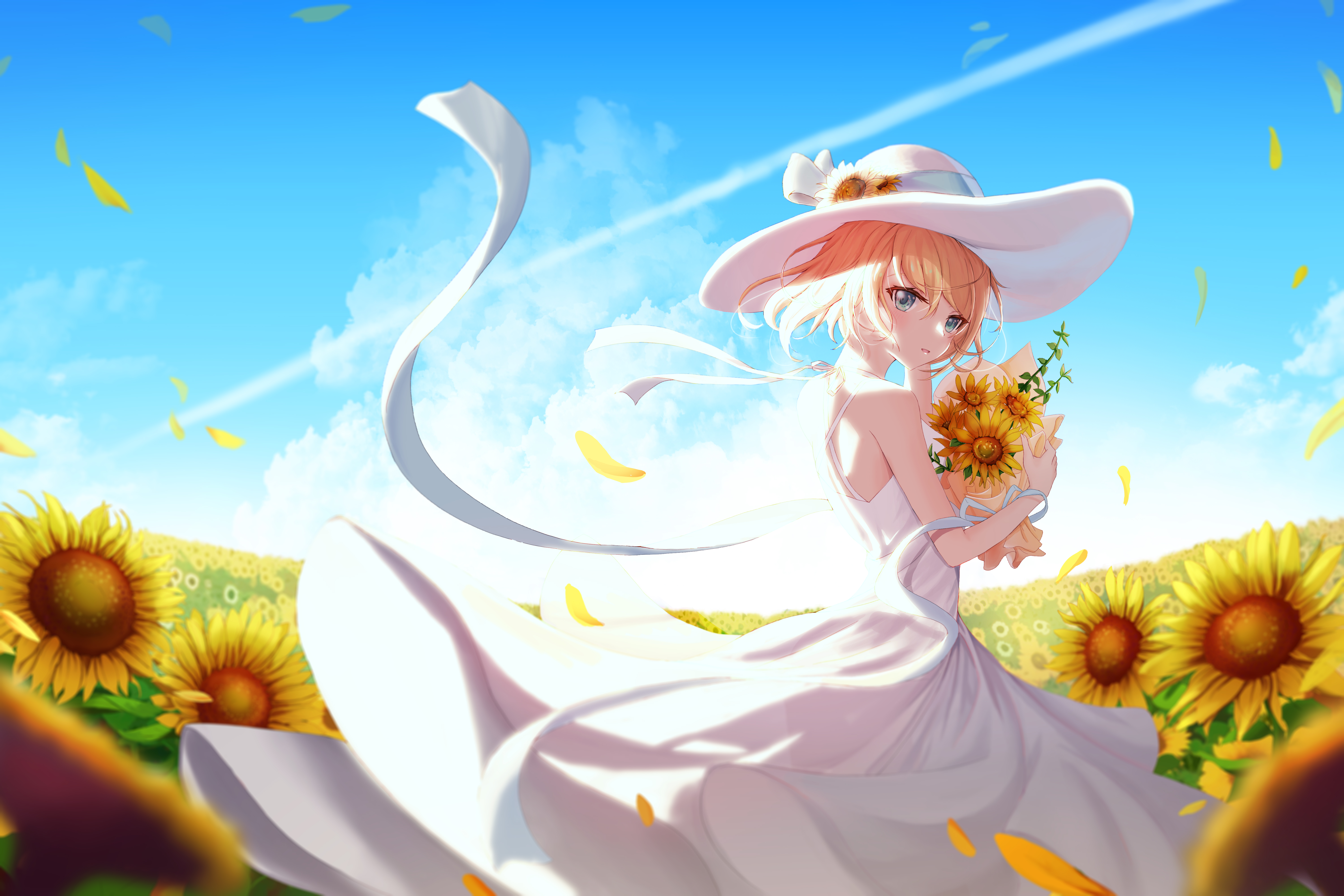 Anime girl Wallpaper 4K, Sunflowers, Sunny day, 5K, Fantasy