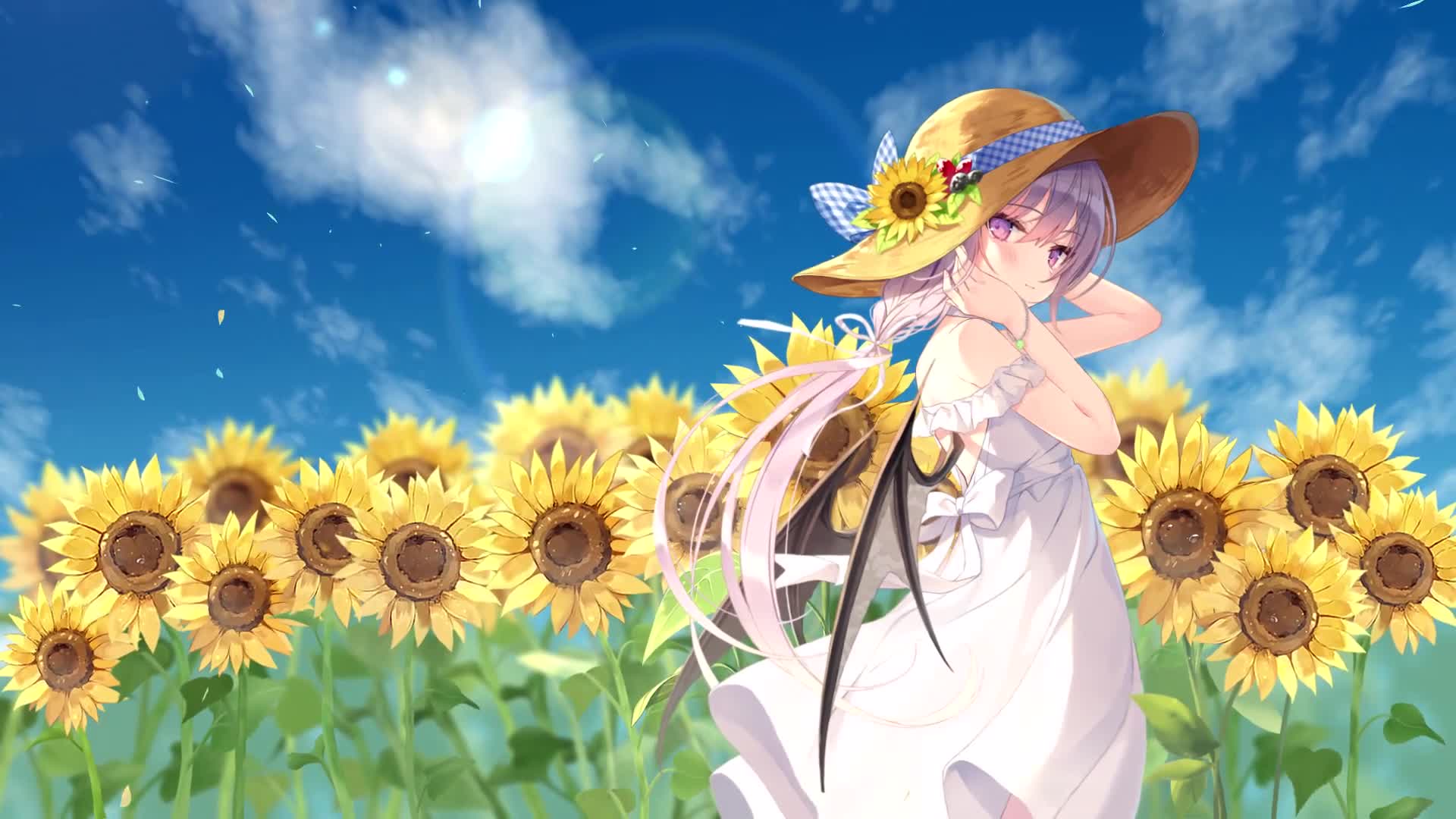Cute Anime Girl and Sunflowers Desktop Wallpaper