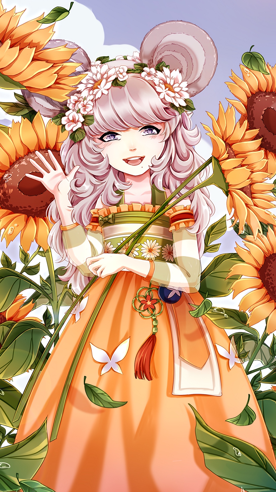 Wallpaper Girl, Anime, Sunflowers, Art
