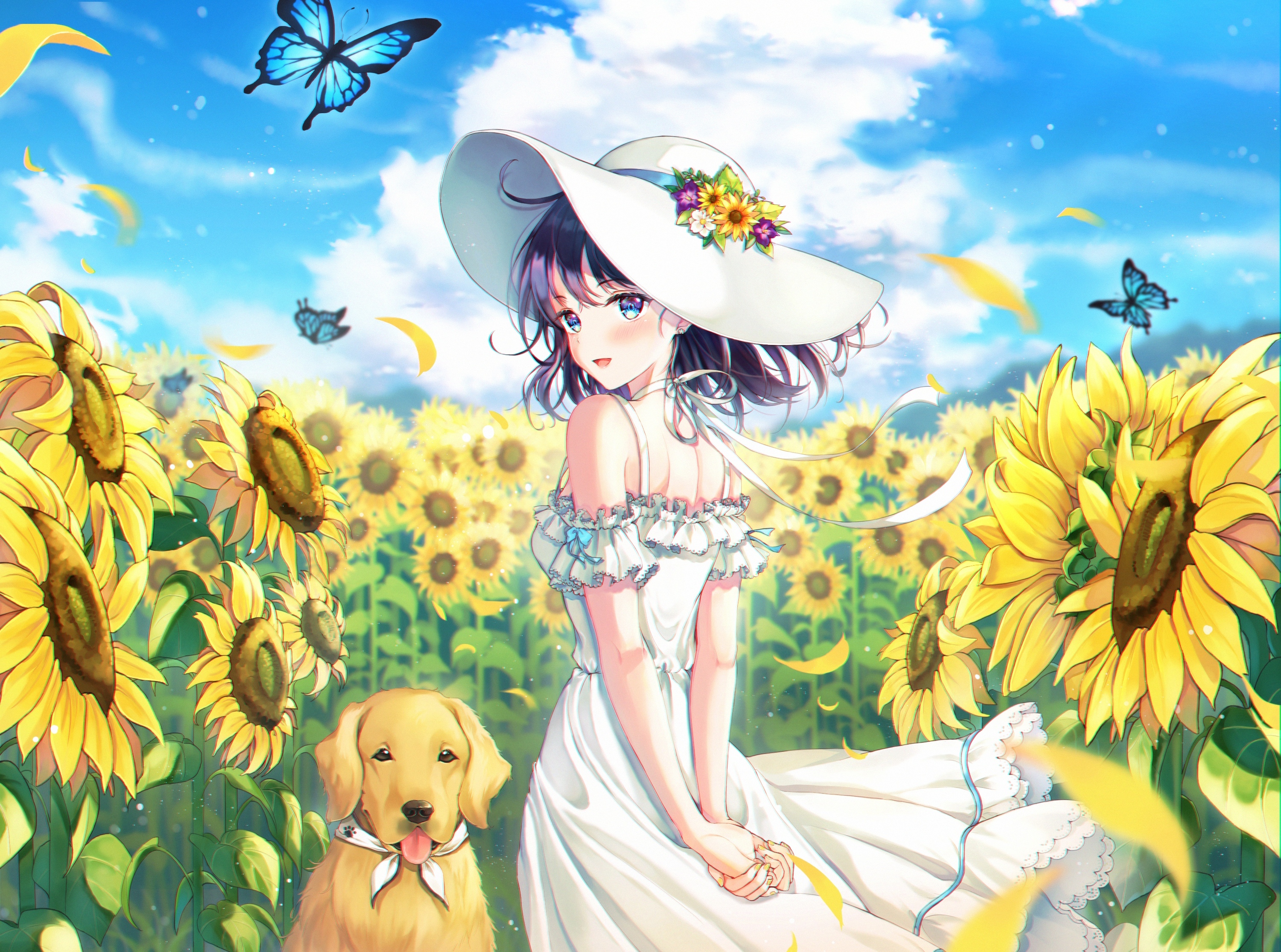 Wallpaper Summer Dress, Anime Girl, Sunflower Field, Butterfly, Hat, Dog:3000x2230