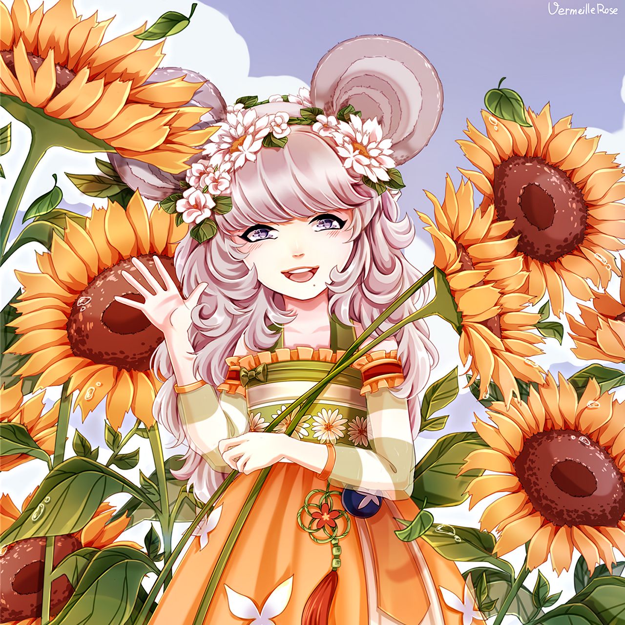 Download wallpaper 1280x1280 girl, anime, sunflowers, art ipad, ipad ipad mini for parallax HD background