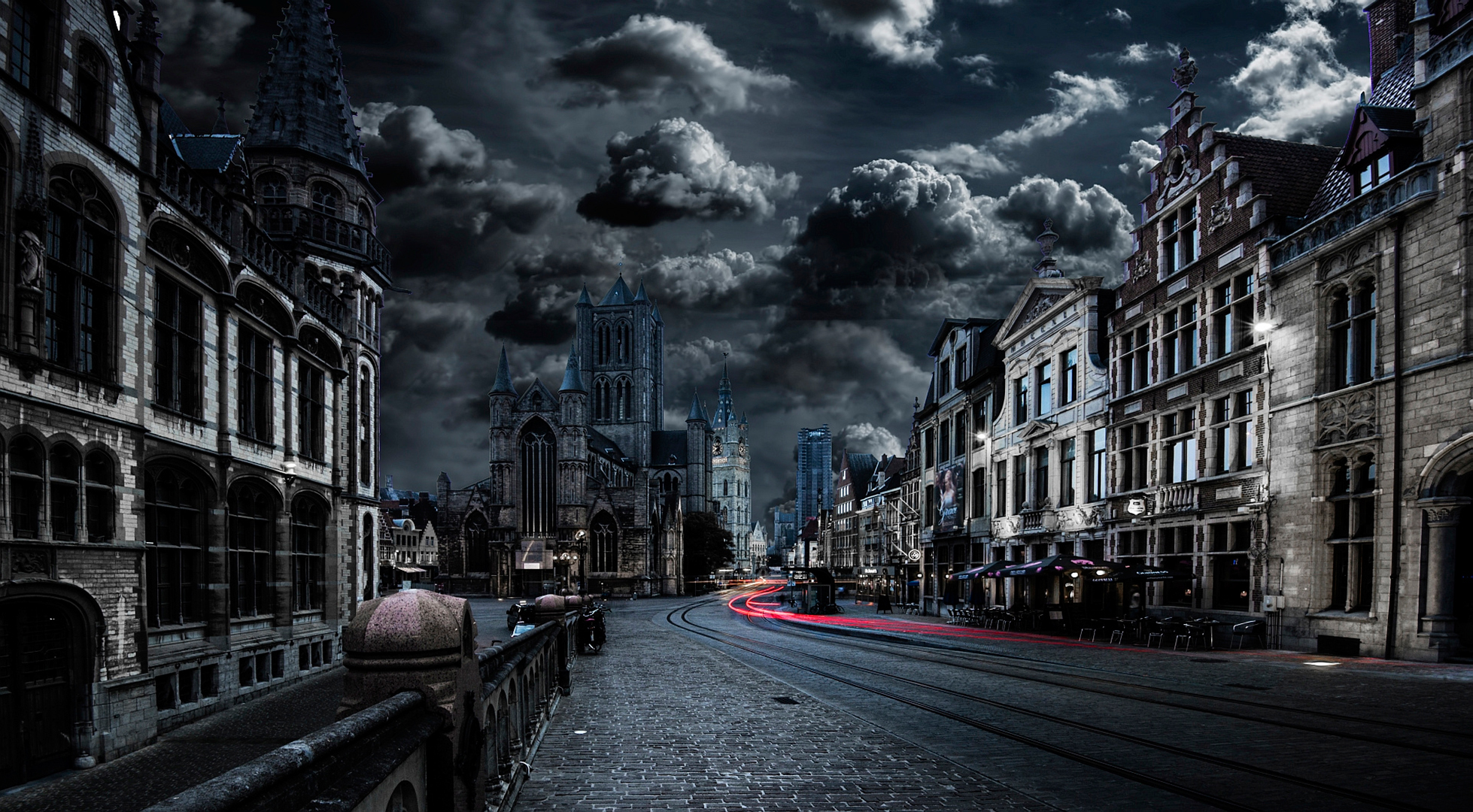 Town Time Lapse Cloud Cathedral Ghent Belgium City Dark Building Architecture Night Blue Wallpaper:1958x1080