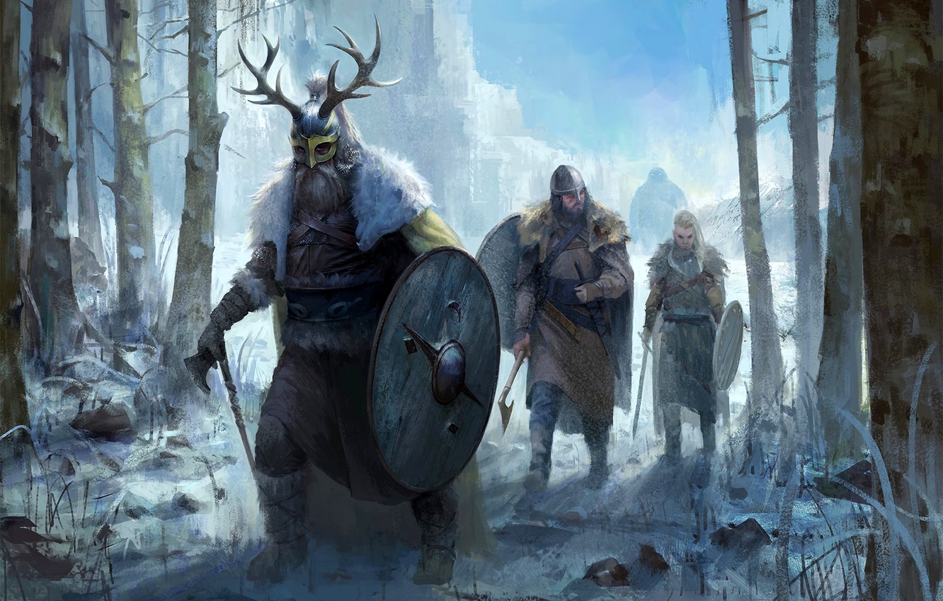 Wallpaper Trees, Snow, Helmet, Shield, The Vikings, Battle axe image for desktop, section живопись