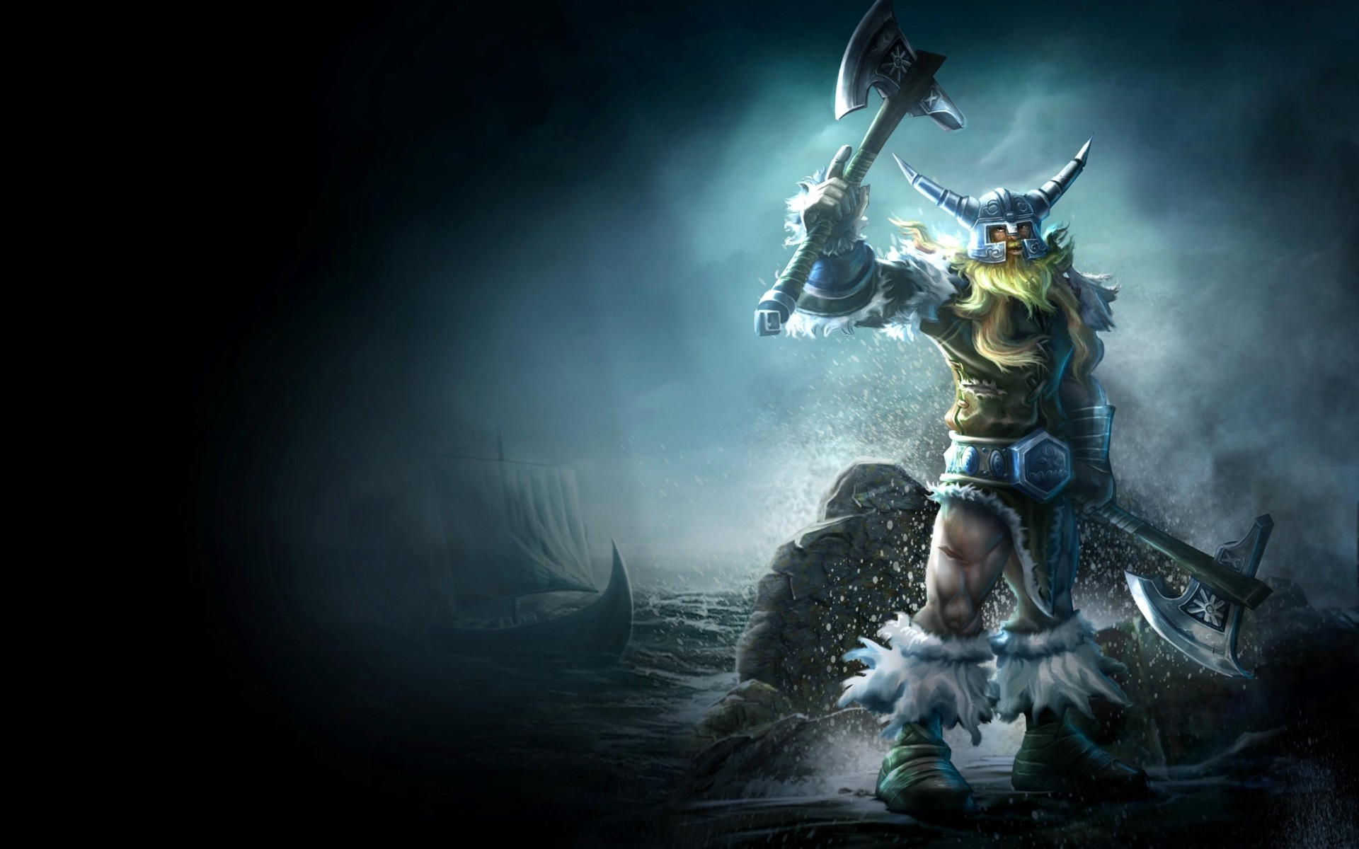 League of Legends fantasy art warriors weapons axe vikings ships boats wallpaper background