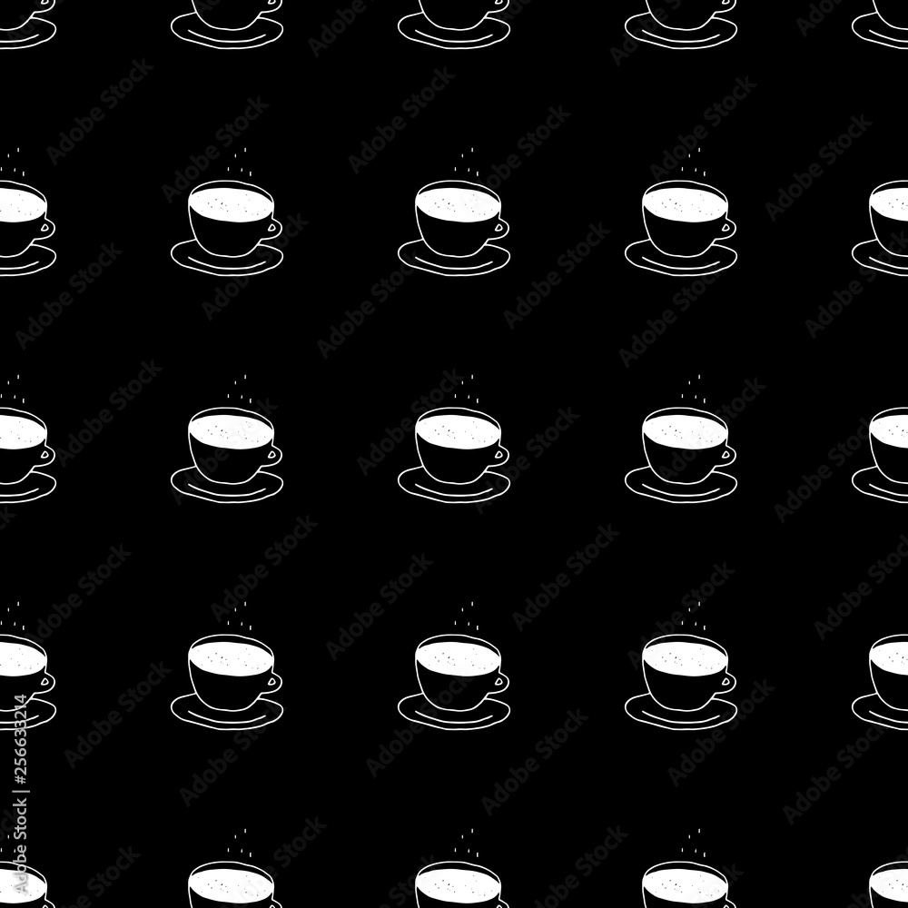 Cute cartoon coffee cup background with hand drawn coffee cups. Sweet vector black and white coffee cup background. Seamless monochrome doodle coffee cup background for textile, wallpaper and wrap. Stock Vector