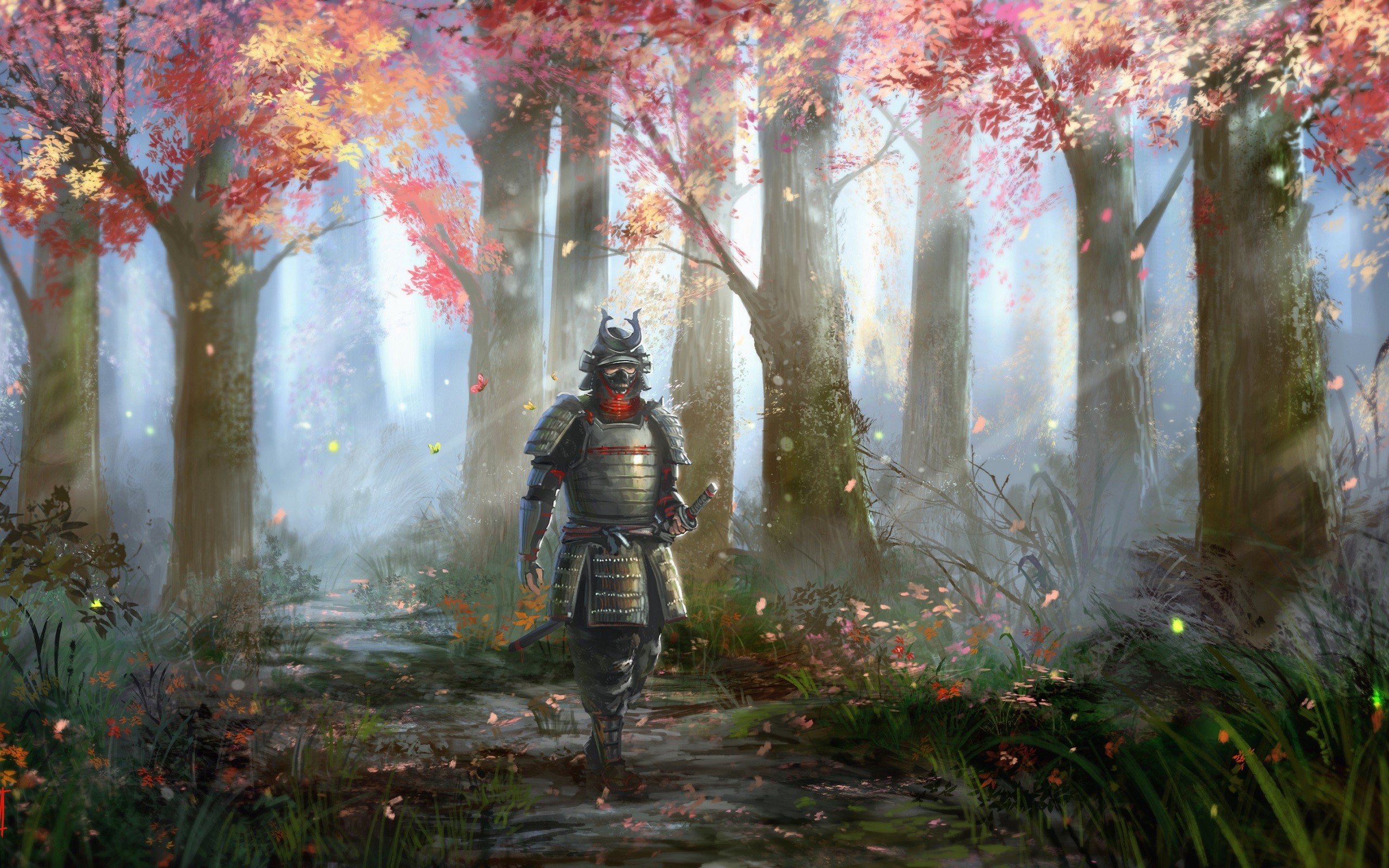 artwork, Fantasy art, Samurai, Forest, Trees, Armor, Sword Wallpaper HD / Desktop and Mobile Background