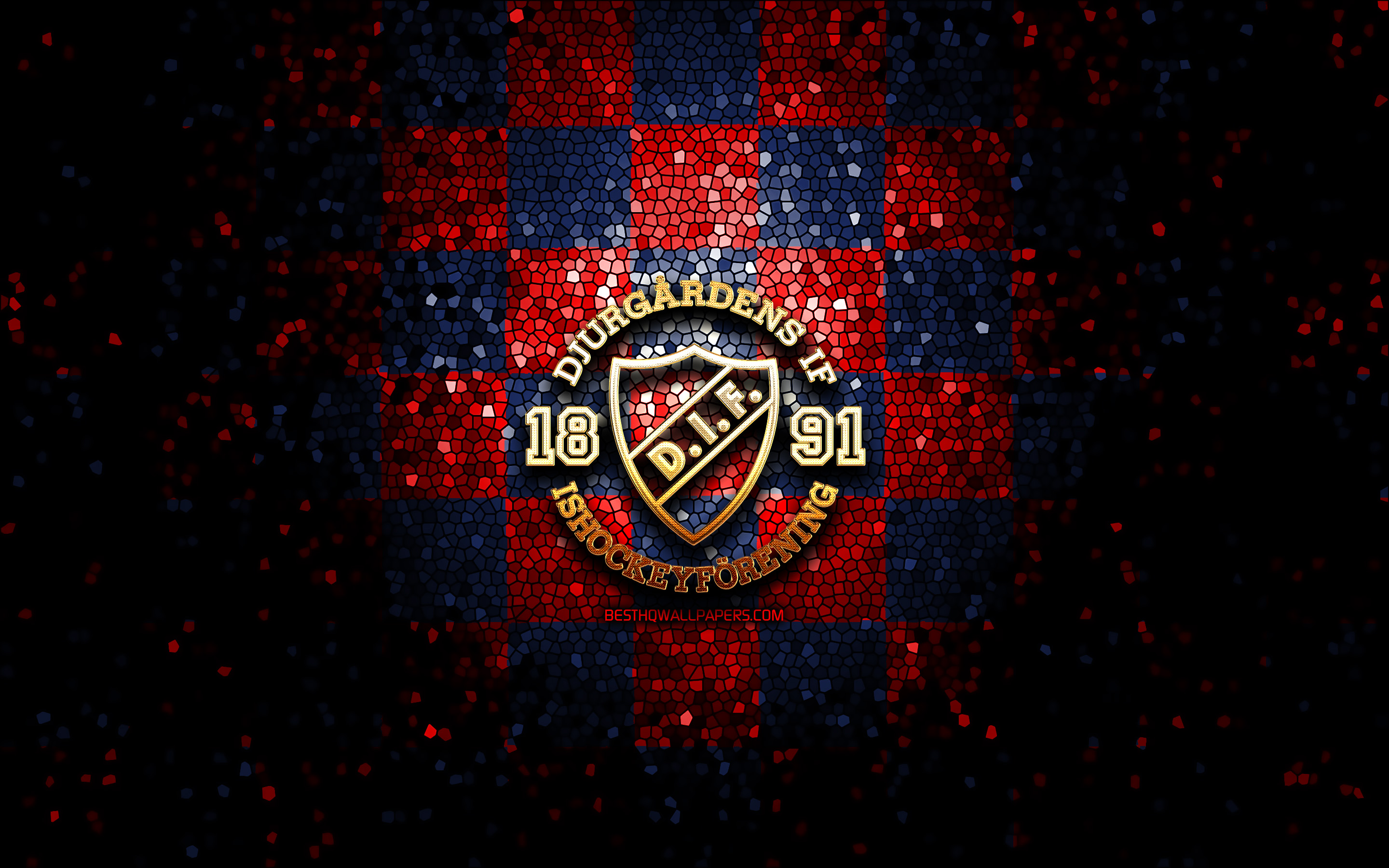 Download wallpaper Djurgardens IF, glitter logo, SHL, blue red checkered background, hockey, swedish hockey team, Djurgardens IF logo, mosaic art, swedish hockey league for desktop with resolution 2880x1800. High Quality HD picture