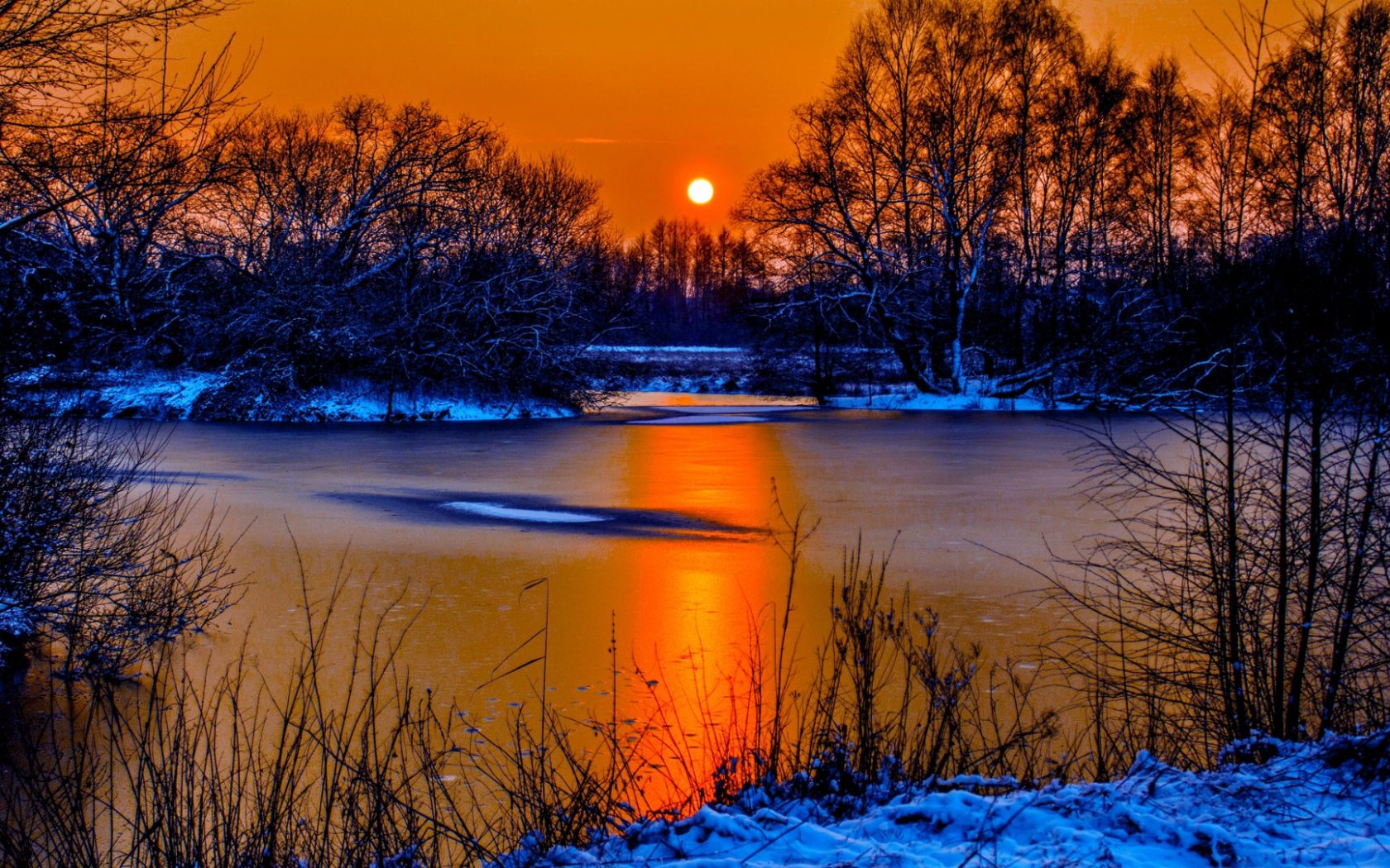 Sunset In Winter Snow River Coast Two Sun Orange Sky Reflection In Water Beautiful Scenario Landscape Full HD Wallpaper 1920x1080, Wallpaper13.com