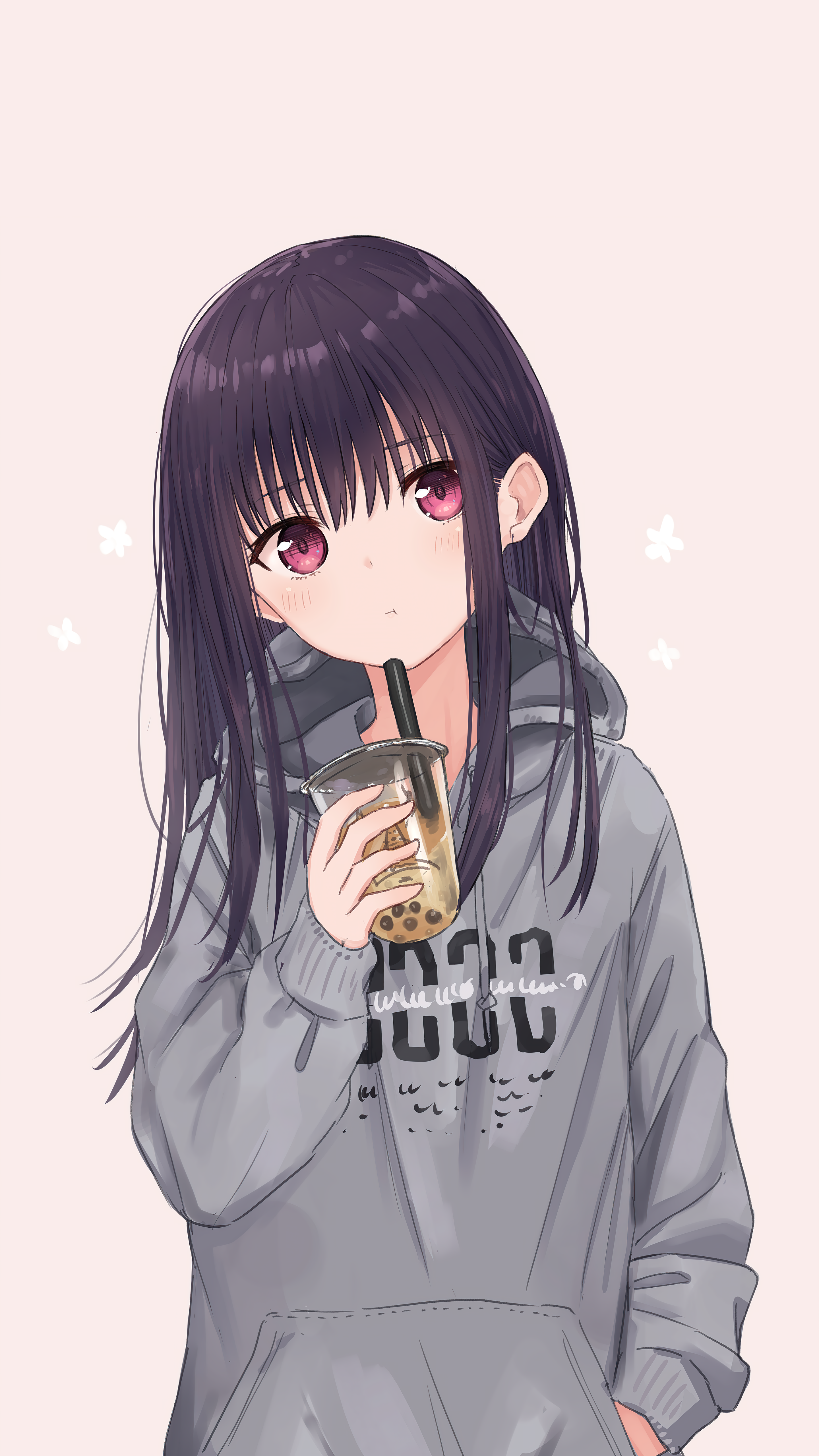 Cute Anime Girl Drinking Boba Wallpaper