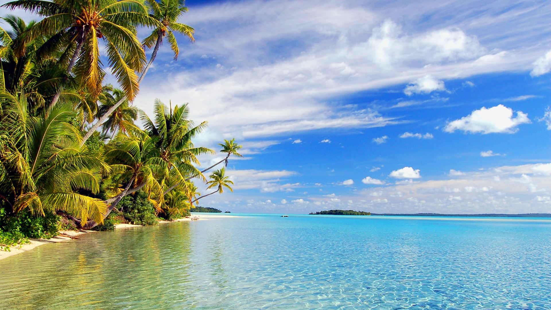 Download Wallpaper beach tropics ocean cook islands island clouds palm, 1920x1080, Aitutaki Lagoon, Cook Islands