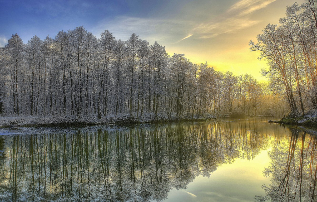 Wallpaper winter, frost, forest, river, sunrise, morning image for desktop, section природа
