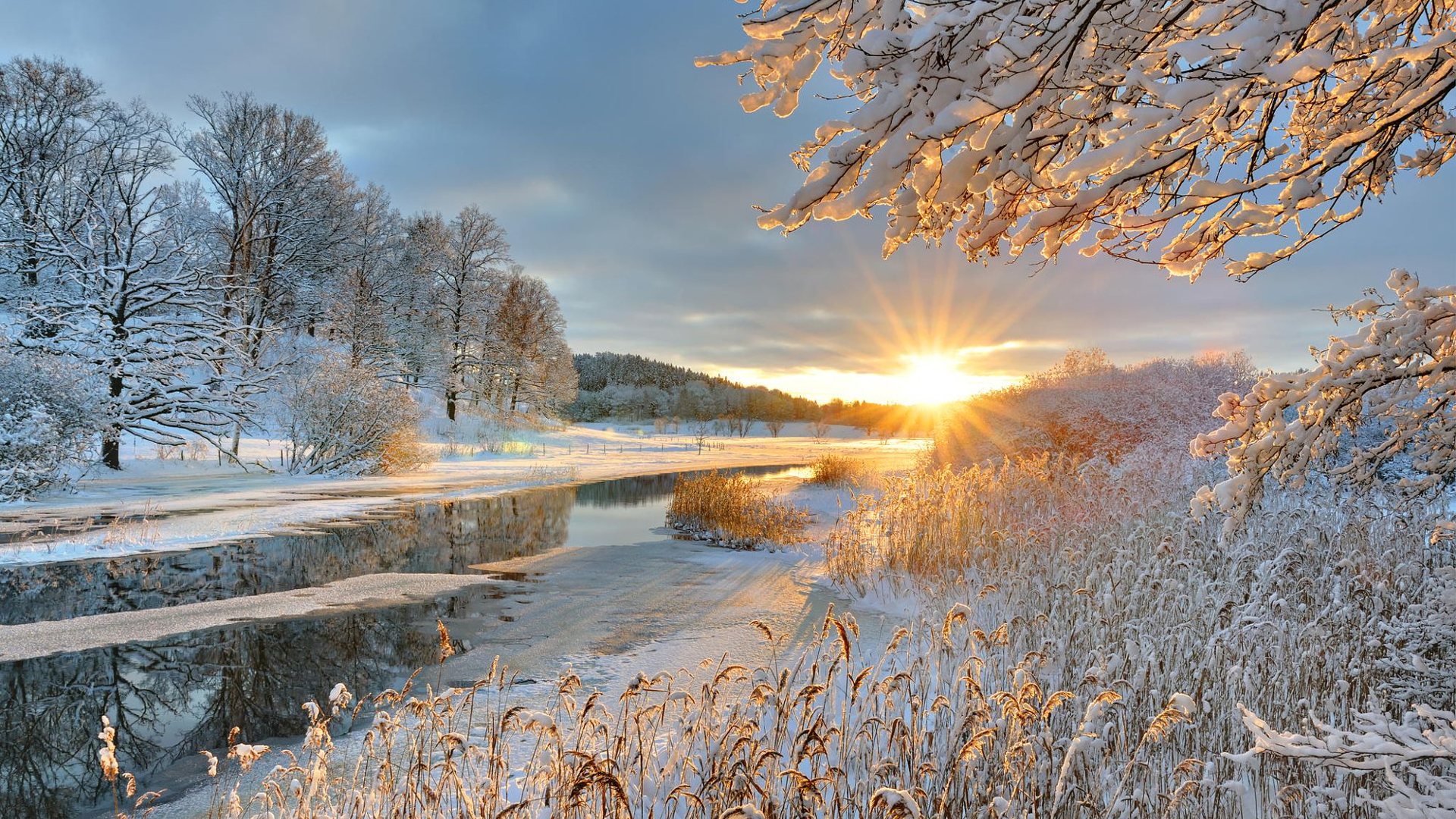 Winter sunset near the river wallpaper