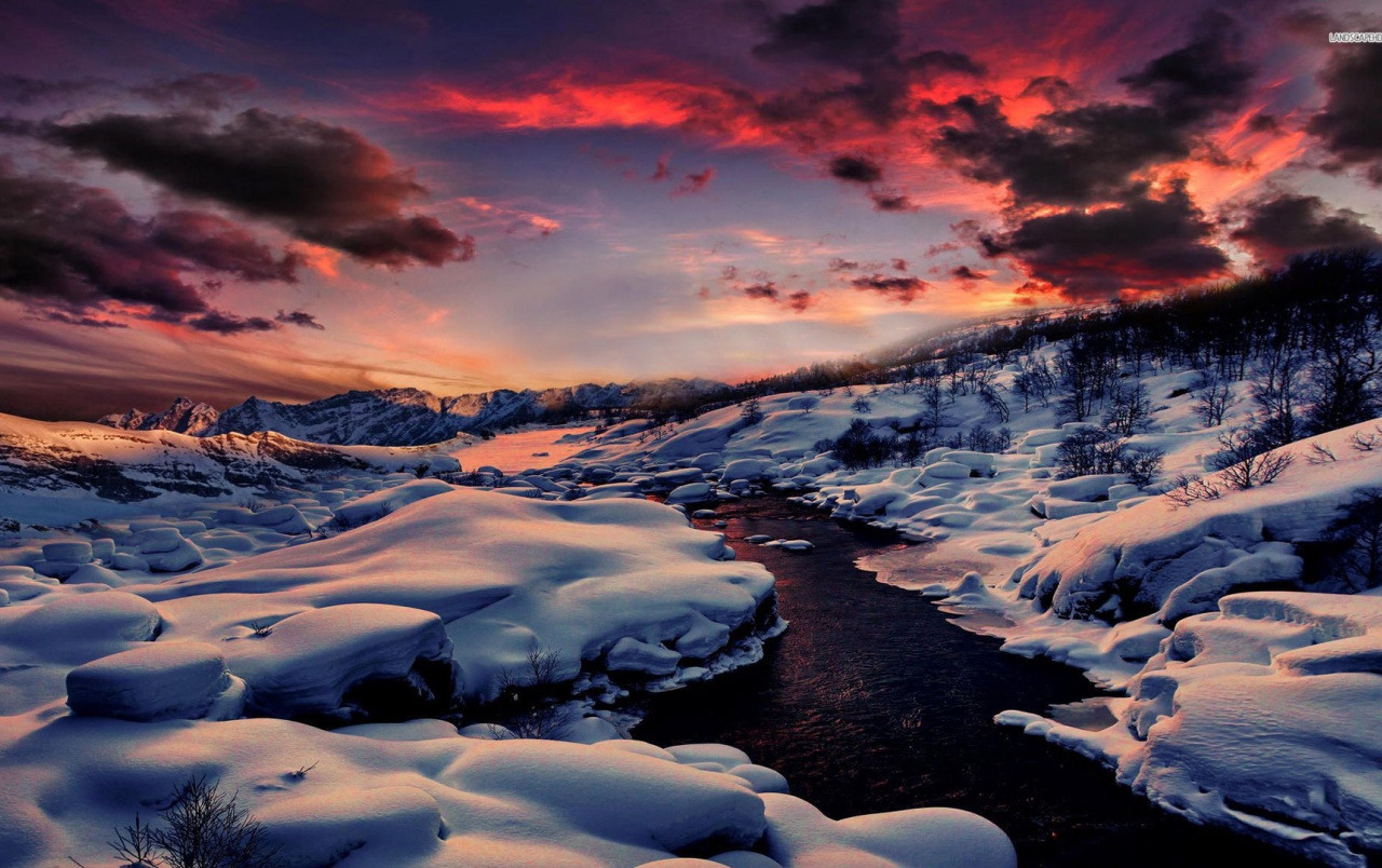 Small River Snowy Pink Sunrise wallpaper. Small River Snowy Pink Sunrise