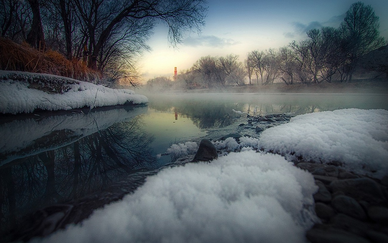 Landscape Nature River Sunrise Trees Snow Frost Mist Landscape Wallpaper & Background Download