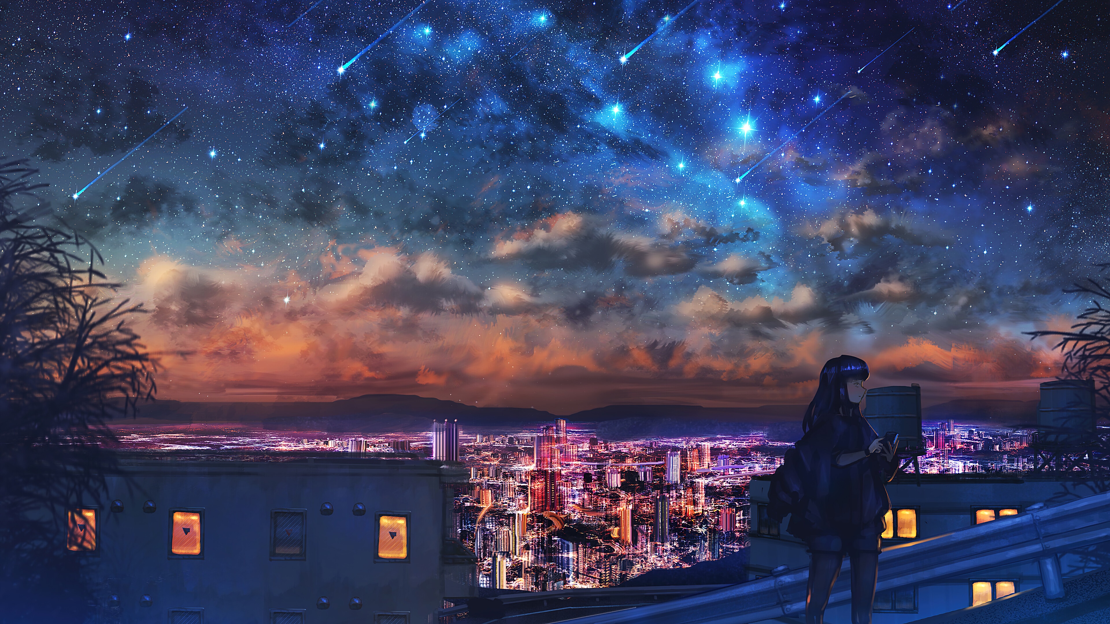 wallpaper, starry, night, sky, stars, city, anime, girl, 4k, HD HD Wallpaper