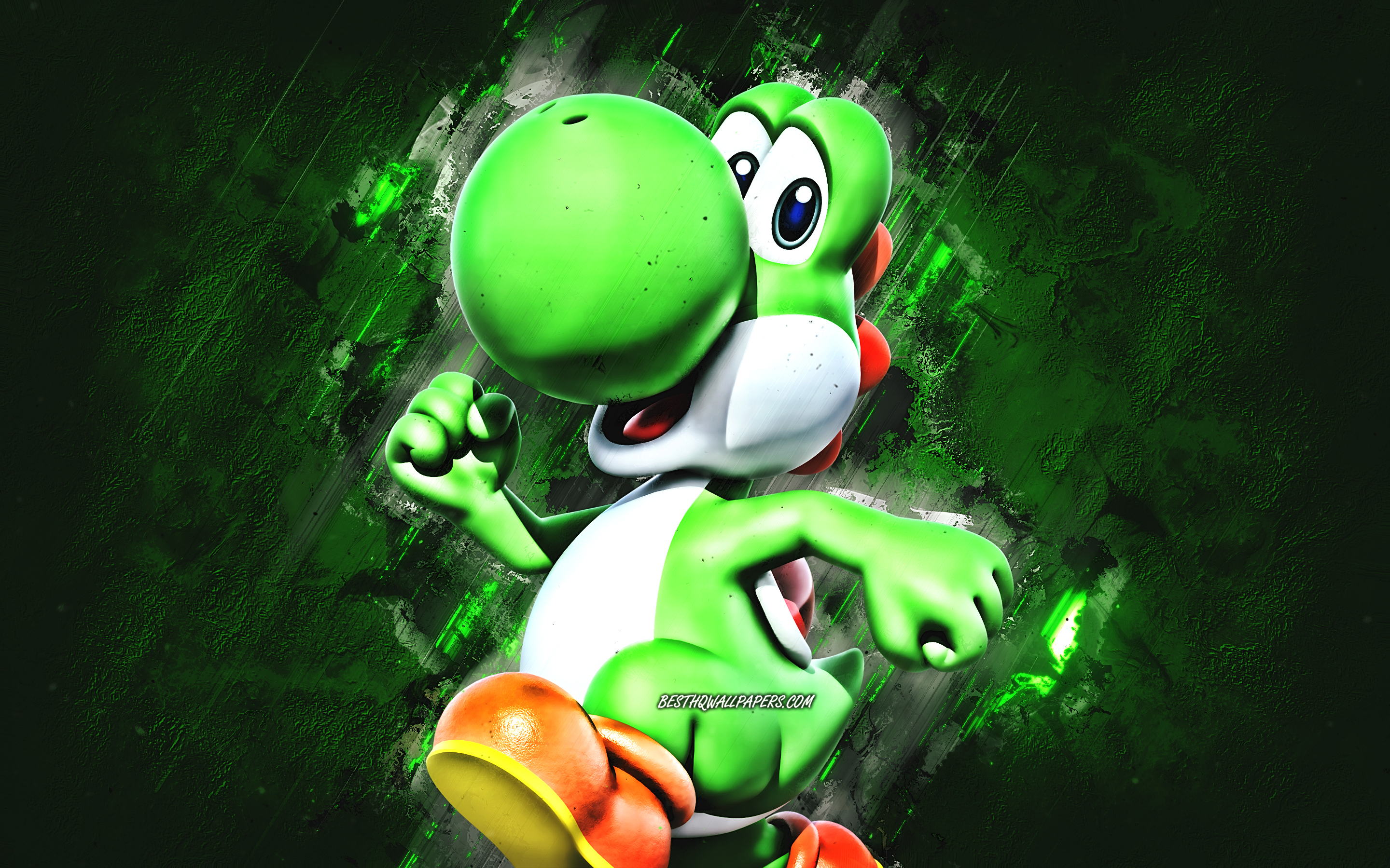 Download wallpaper Yoshi, Super Mario, Mario Party Star Rush, characters, blue stone background, Super Mario main characters, Yoshi Super Mario, green 3D dinosaur for desktop with resolution 2880x1800. High Quality HD picture