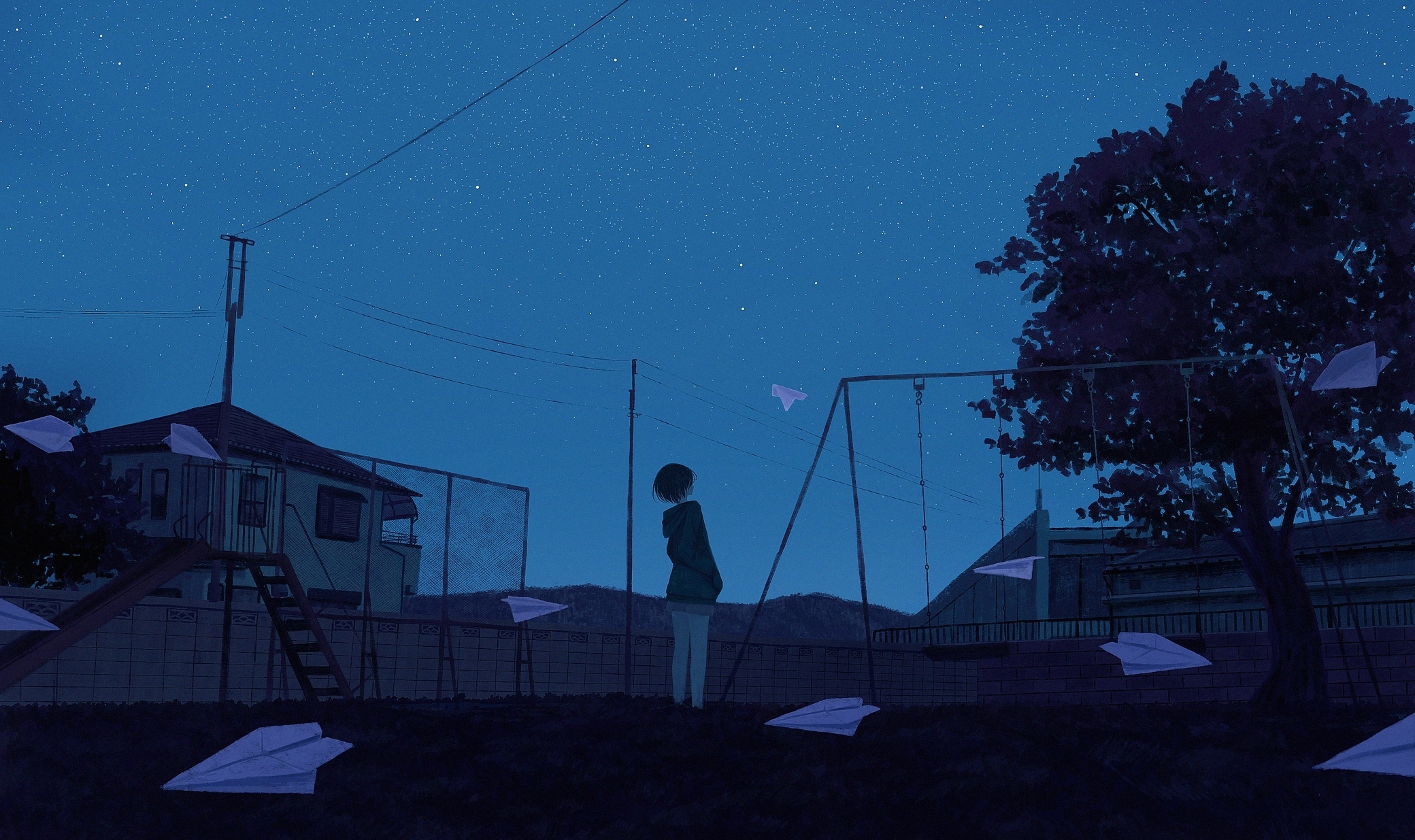 Wallpaper Beautiful Sky, Trees, Park, Anime Girl, Night, Starry Sky, Anime Landscape:2080x1235