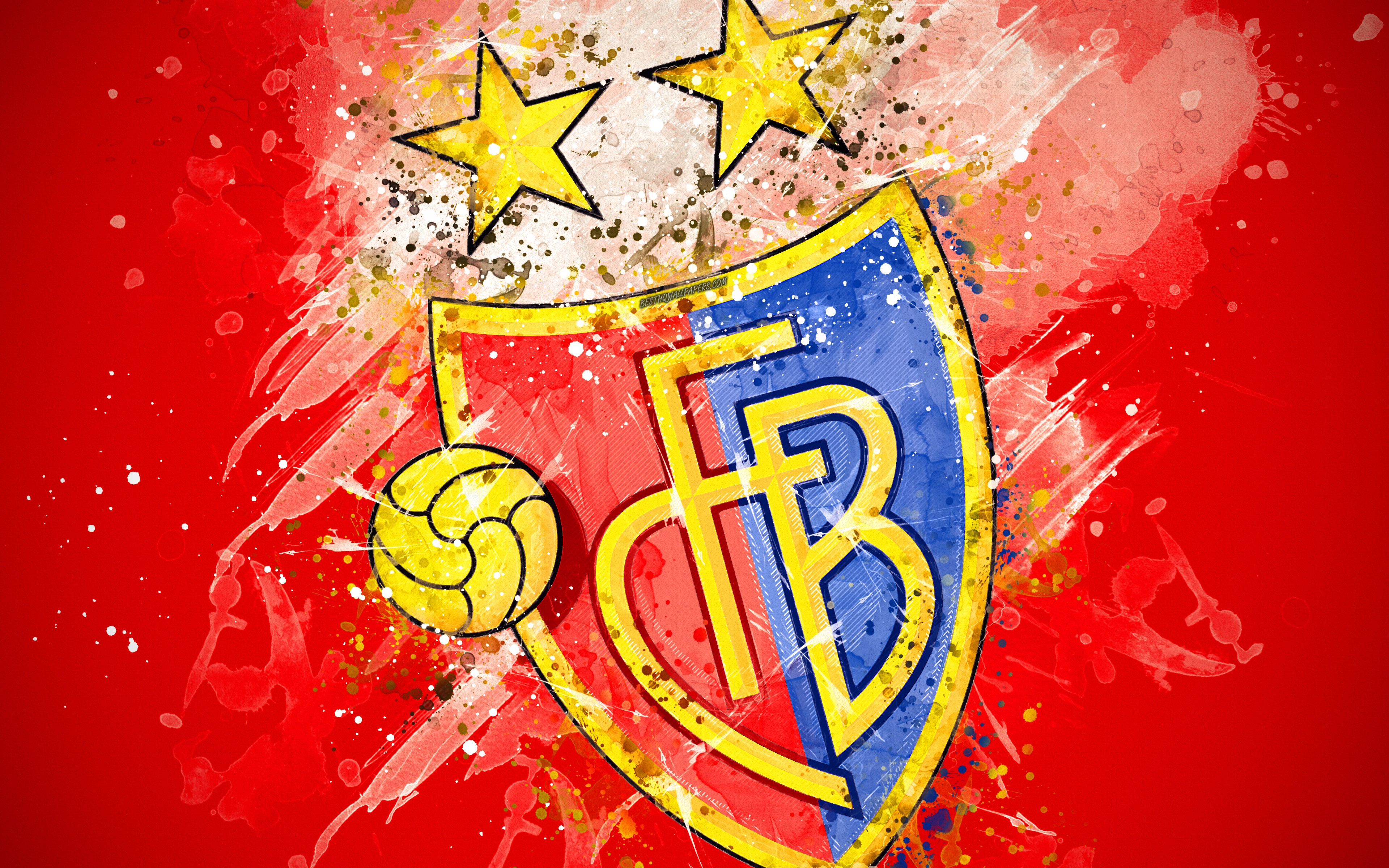 Download wallpaper FC Basel, 4k, paint art, logo, creative, Swiss football team, Swiss Super League, emblem, red background, grunge style, Basel, Switzerland, football for desktop with resolution 3840x2400. High Quality HD picture