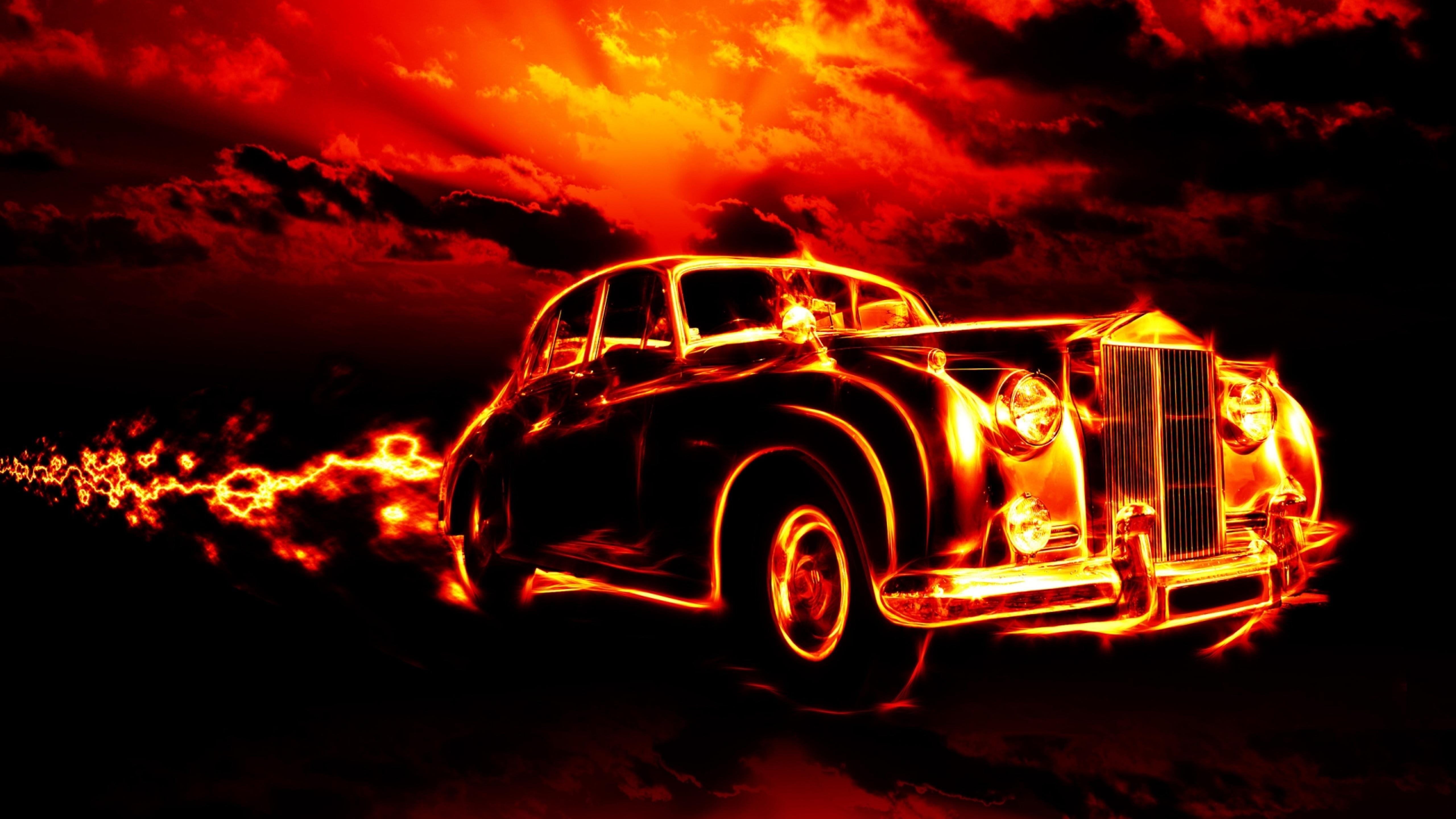 Vintage car in flames