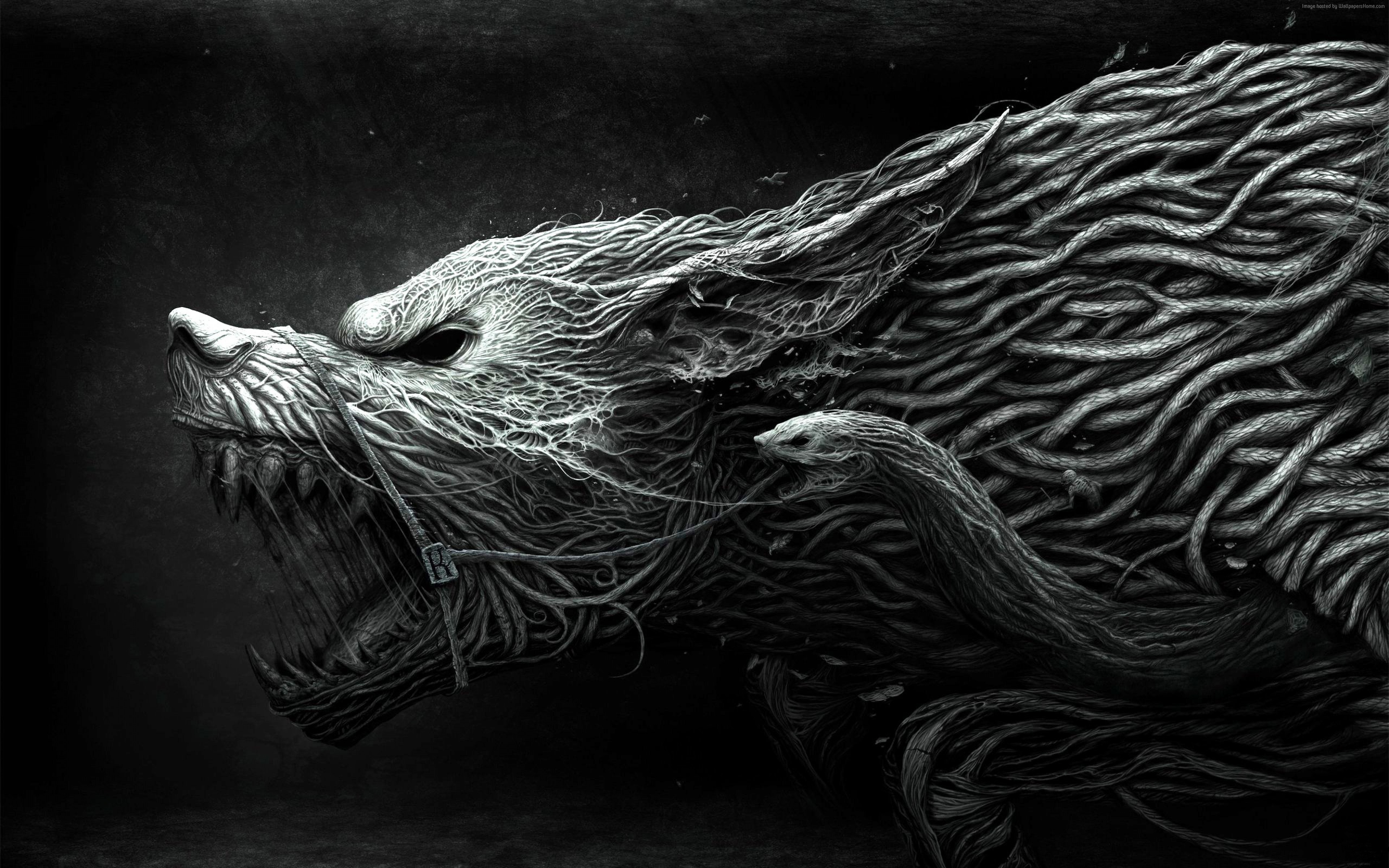Wallpaper Wolf, Hellhound, art, black and white, dangerous, noise, darkness, Animals Resolution 4K Wallpaper