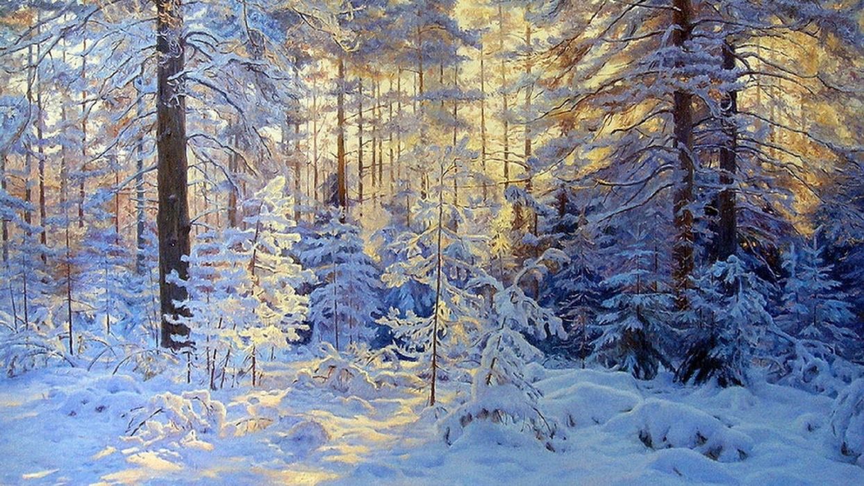 Winter forest trees snow sun painting Gennady Kirichenko wallpaperx1080