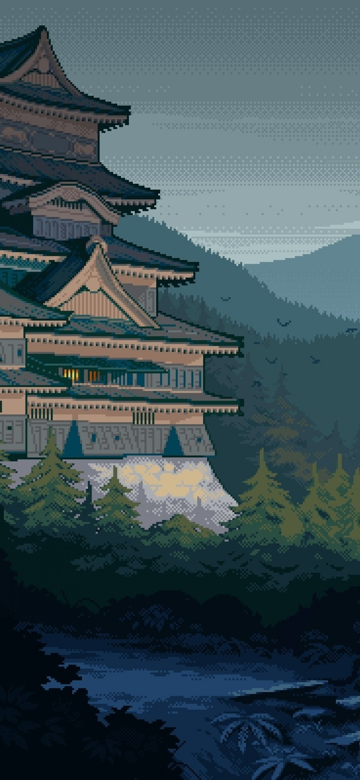 Download 1242x2688 Japanese House, Historical Building, Pixel Art, Mountain Wallpaper for iPhone 11 Pro Max & XS Max