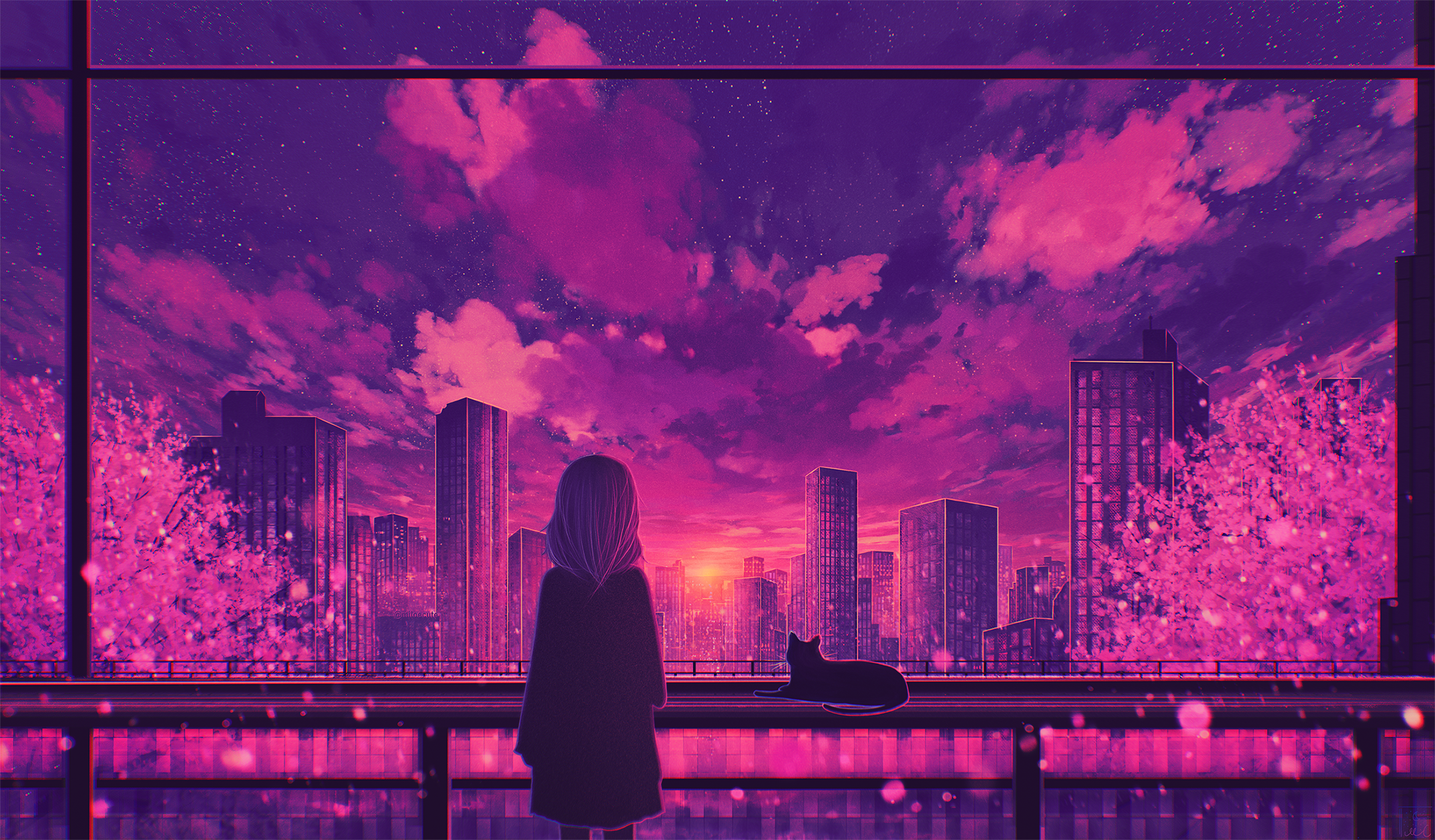 Anime Anime Girls Clouds City Stars Sunset Shoulder Length Hair Trees Fence Purple Background Buildi Wallpaper:2149x1258