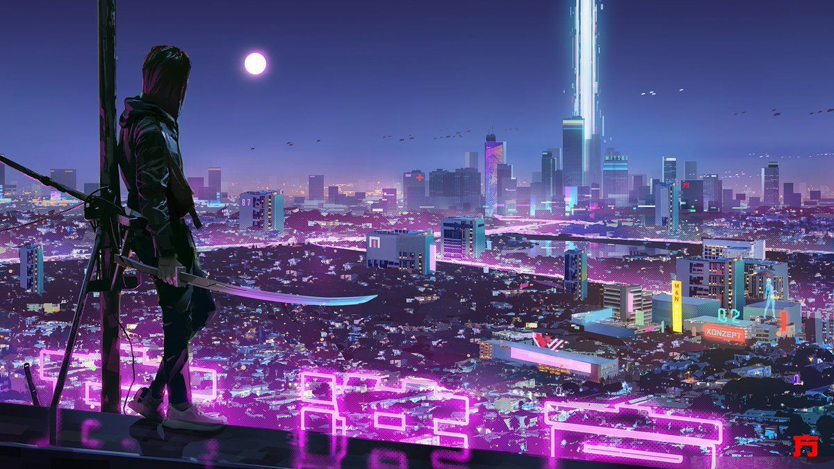 Anime City Purple Wallpaper